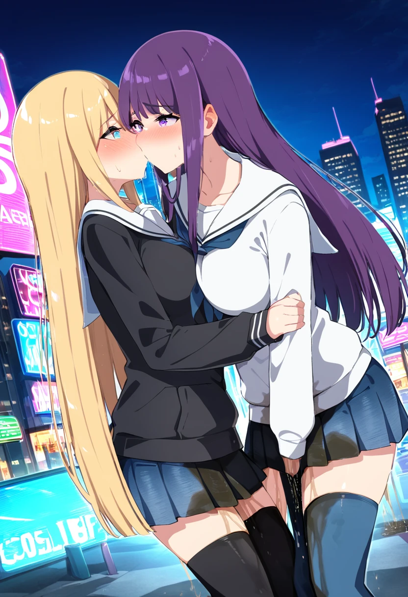 (masterpiece:1.37), best quality, (extremely detailed:1.37), 2girls, kiss, yuri, woman, (mature:1.5), (adult:1.5), large breasts, very long hair, (straight hair:1.5), dark purple hair, blonde hair, purple eyes, blue eyes, (extremely detailed eyes:1.37), hoodie, jeans, desperation, (wetting self:1.5), standing, embarrassed, humiliation, blushing, angry, city, futuristic, neon lighting, high-tech, street, skyscraper