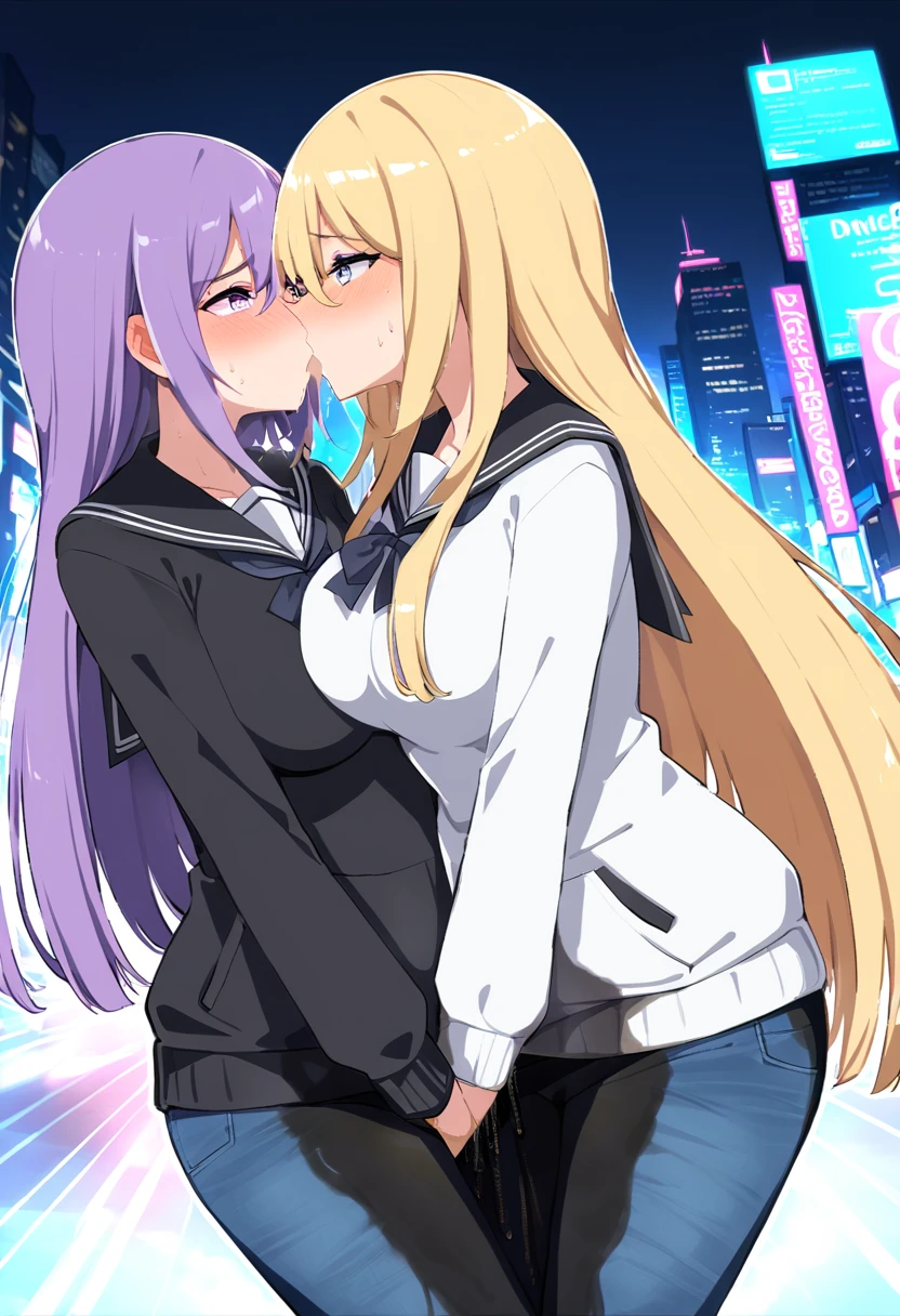 (masterpiece:1.37), best quality, (extremely detailed:1.37), 2girls, kiss, yuri, woman, (mature:1.5), (adult:1.5), large breasts, very long hair, (straight hair:1.5), dark purple hair, blonde hair, purple eyes, blue eyes, (extremely detailed eyes:1.37), hoodie, jeans, desperation, (wetting self:1.5), standing, embarrassed, humiliation, blushing, angry, city, futuristic, neon lighting, high-tech, street, skyscraper