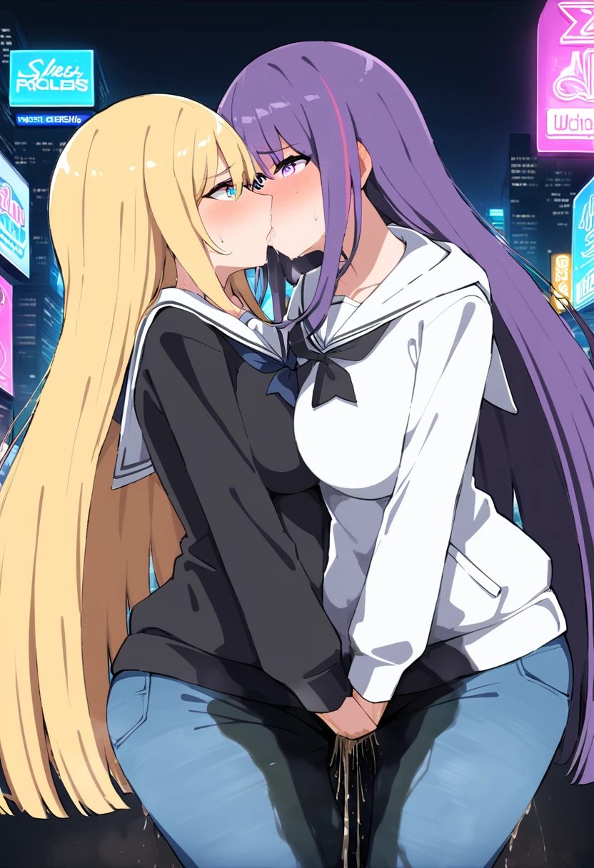 (masterpiece:1.37), best quality, (extremely detailed:1.37), 2girls, kiss, yuri, woman, (mature:1.5), (adult:1.5), large breasts, very long hair, (straight hair:1.5), dark purple hair, blonde hair, purple eyes, blue eyes, (extremely detailed eyes:1.37), hoodie, jeans, desperation, (wetting self:1.5), standing, embarrassed, humiliation, blushing, angry, city, futuristic, neon lighting, high-tech, street, skyscraper
