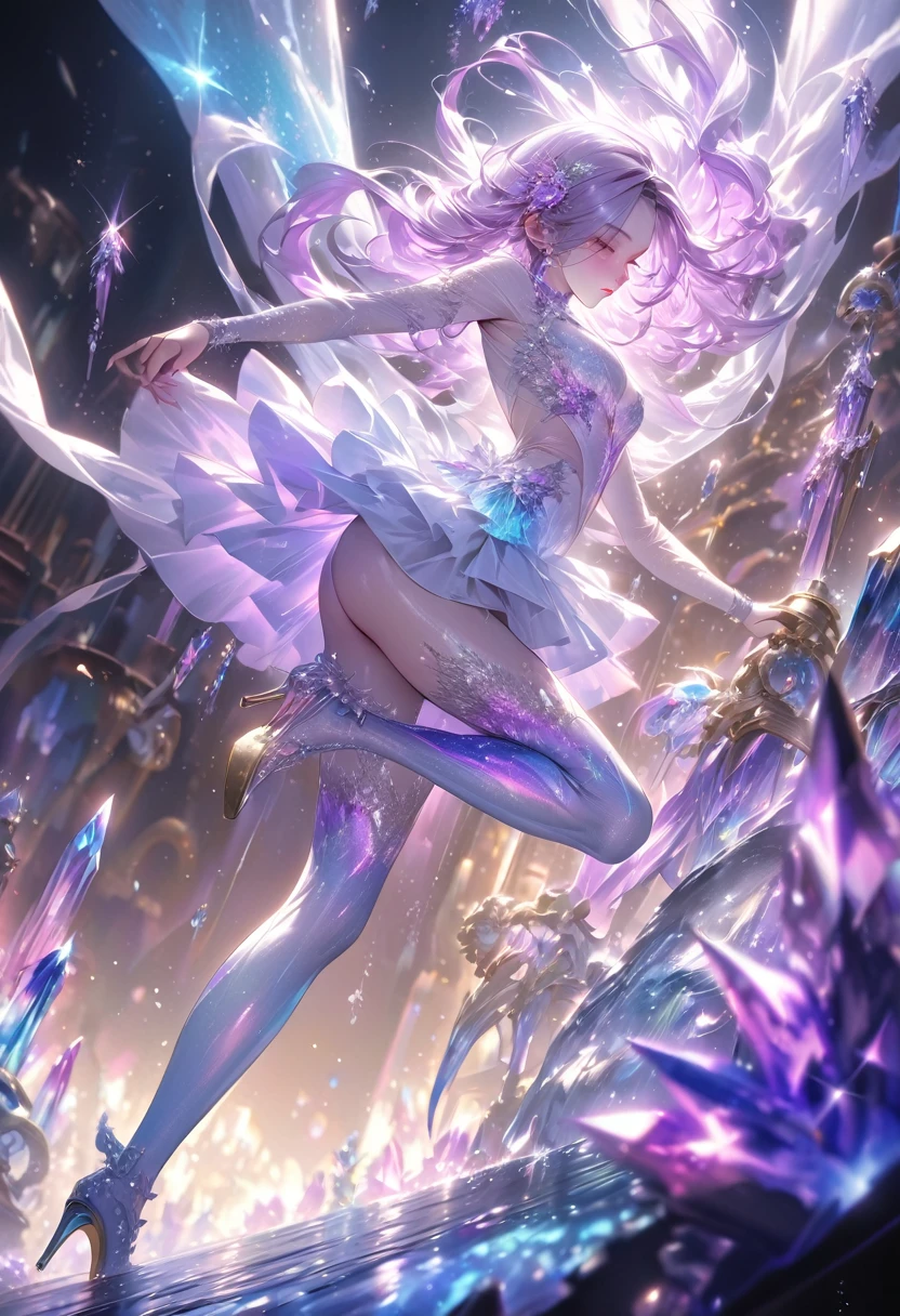 crystal covered, （Full body ：1.3）, alternate color, masterpiece, detailed illustration, realistic, pixiv top quality, exquisite, {{{kawaii 1girl}}}, ultra beauties who fuse with machines, glitter beautiful female, Half of my body is made of machines,  cinematic lighting, dynamic angle, dynamic pose, crystal world, depth of field，Shiny socks，Crystal stockings，Crystal high heels
