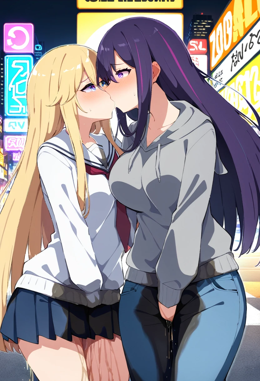 (masterpiece:1.37), best quality, (extremely detailed:1.37), 2girls, kiss, yuri, woman, (mature:1.5), (adult:1.5), large breasts, very long hair, (straight hair:1.5), dark purple hair, blonde hair, purple eyes, blue eyes, (extremely detailed eyes:1.37), hoodie, jeans, desperation, (wetting self:1.5), standing, embarrassed, humiliation, blushing, angry, city, futuristic, neon lighting, high-tech, street, skyscraper