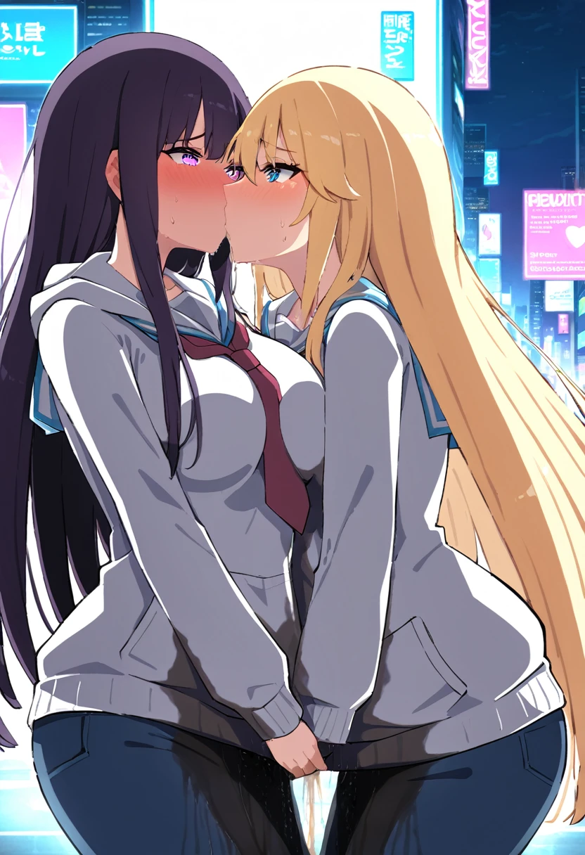 (masterpiece:1.37), best quality, (extremely detailed:1.37), 2girls, kiss, yuri, woman, (mature:1.5), (adult:1.5), large breasts, very long hair, (straight hair:1.5), dark purple hair, blonde hair, purple eyes, blue eyes, (extremely detailed eyes:1.37), hoodie, jeans, desperation, (wetting self:1.5), standing, embarrassed, humiliation, blushing, angry, city, futuristic, neon lighting, high-tech, street, skyscraper