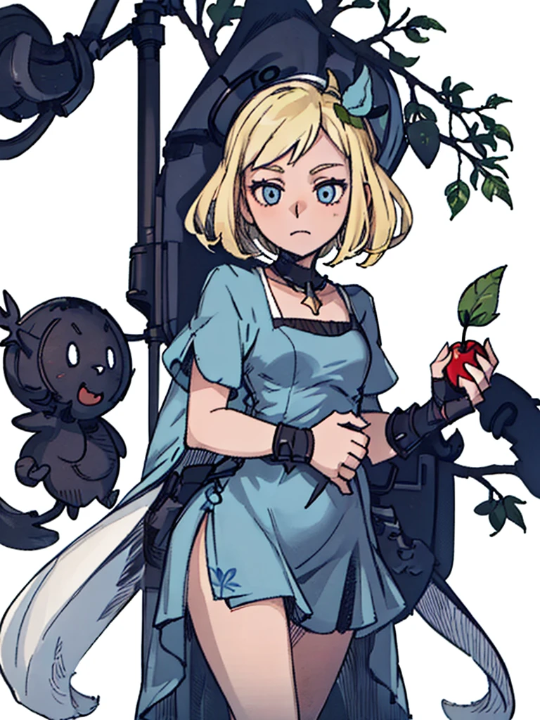 (( A girl, Short blonde hair, light blue dress, holding an apple, forst, Thu, 2d, dark surroundings, leaves drying differently,middle Ages,White background