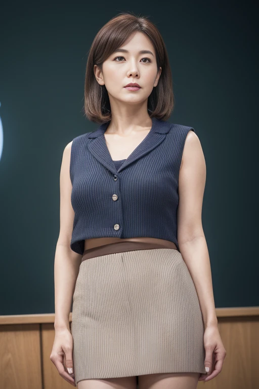 Masseter muscle area, Highest quality, masterpiece, High resolution, Photorealistic, Raw photo, 8k wallpaper, perfection, Professional Lighting, Very detailed, Depth of written boundary,In front of the blackboard in the classroom, ((Japanese mature woman in her 50s)), Chubby body type, Sexy Woman, Detailed face, Beautiful Eyes, Bans, Big ample breasts, Straight light brown hair that reaches the shoulders, Faint lips, ((Stand facing the center of the screen, Staring at the audience, Serious face)),Summer clothes,mini skirt,Business Wear, The legs are off the frame, View your viewers, Cowboy Shot、Teaching a subject,Big Breasts,Holding chalk、Pointing at the blackboard with chalk