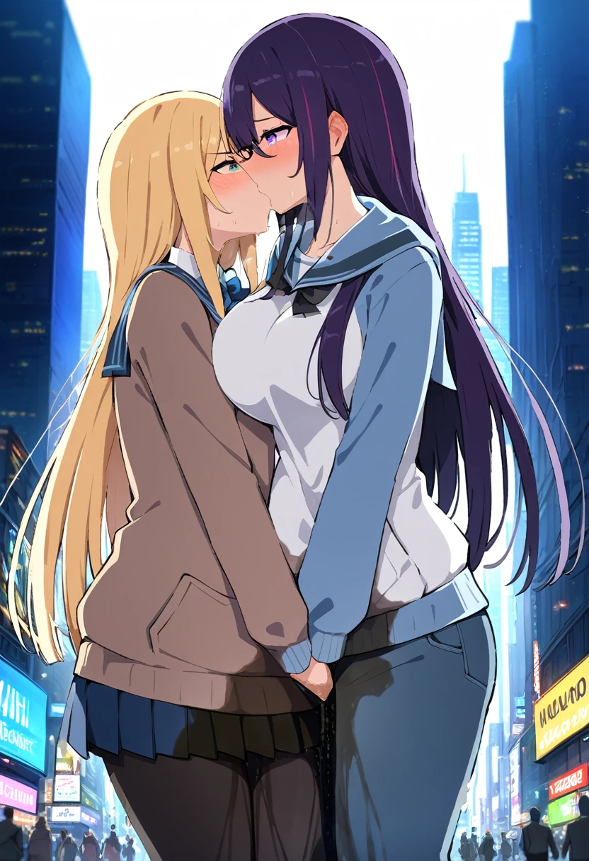 (masterpiece:1.37), best quality, (extremely detailed:1.37), 2girls, kiss, yuri, woman, (mature:1.5), (adult:1.5), large breasts, very long hair, (straight hair:1.5), dark purple hair, blonde hair, purple eyes, blue eyes, (extremely detailed eyes:1.37), hoodie, jeans, desperation, (wetting self:1.5), standing, embarrassed, humiliation, blushing, angry, city, futuristic, neon lighting, high-tech, street, skyscraper