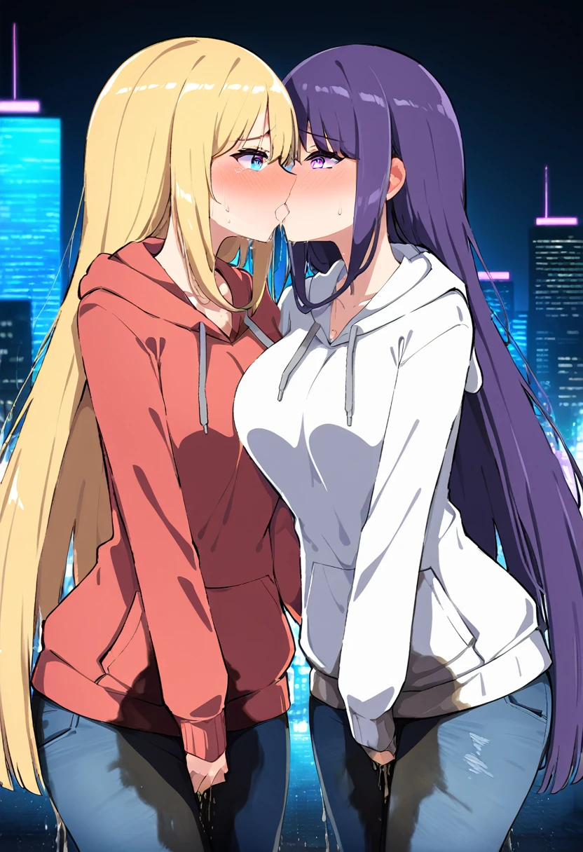 (masterpiece:1.37), best quality, (extremely detailed:1.37), 2girls, kiss, yuri, woman, (mature:1.5), (adult:1.5), large breasts, very long hair, (straight hair:1.5), dark purple hair, blonde hair, purple eyes, blue eyes, (extremely detailed eyes:1.37), hoodie, jeans, desperation, (wetting self:1.5), standing, embarrassed, humiliation, blushing, angry, city, futuristic, neon lighting, high-tech, street, skyscraper
