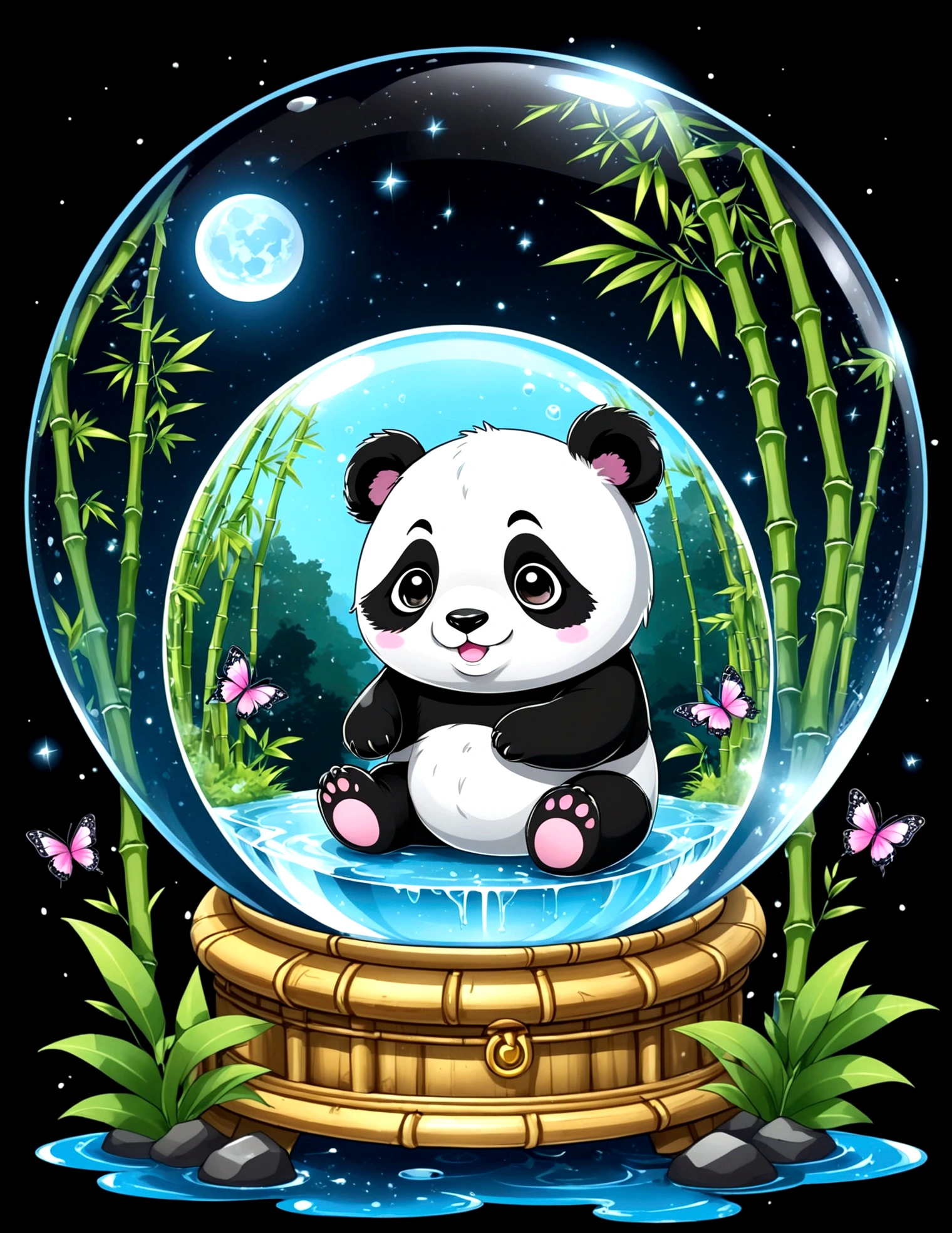 chibi panda in crystal ball, bamboo forest and castle inside crystal ball, water splash, tshirt design, cute, anime style, kawaii, super detail, black background, midnight, moon light, glowing, butterfly, exquisite flower frame, HD, super detail, vector, digital art