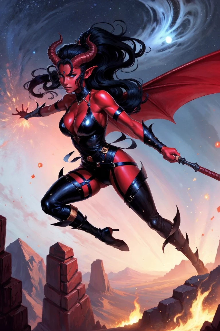 Red skin succubus tiefling, medium breasts, black horns, wings, huge tail, black leather, tall, athletic, graceful, thin, long black ponytail. Action scene, whip. Dark scene, explosions, night sky.