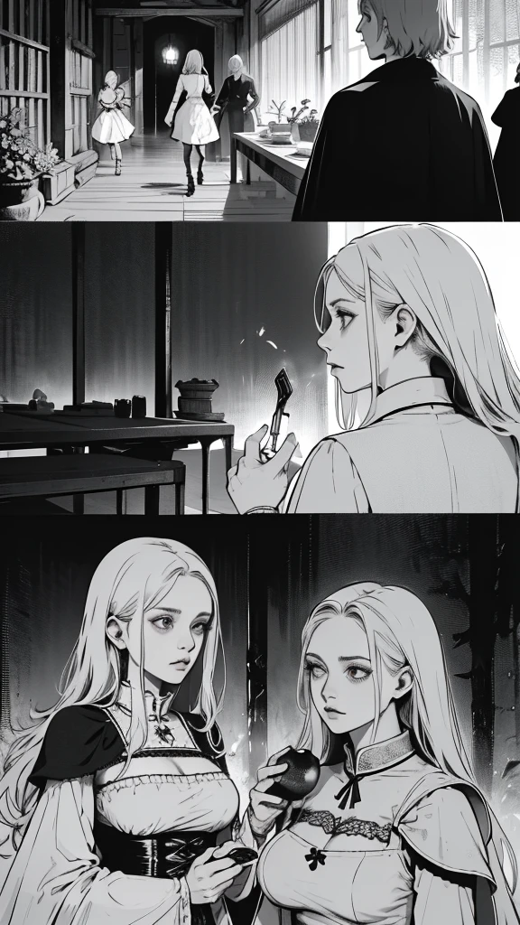 high détail, work of art, dramatic lighting(absurderes, high resolution, ultra detaild), extremely detailed 8k CG unit. A girl, Short blonde hair, light blue dress, holding an apple, forst, Thu, 2d, dark surroundings, leaves drying differently,middle Ages,White background