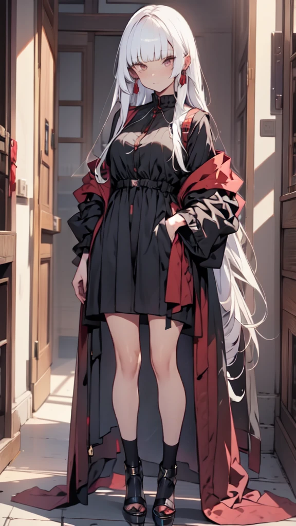 Straight bangs, straight cutted bangs, long smooth hair, 1 girl in a red dress and black heels standing in front of a wreath of red roses, hand in pocket, gray hair, long smooth hair and bangs, straight cutted hair and bangs, red right eye, gray left eye, heterochromia eyes, High quality anime image of a cute girl., anime girl with long hair, perfect white hair anime girl, anime girl gothic maiden, high quality anime art style., animated style, cute anime waifu with a beautiful dress, Red suit, beautiful anime art, de arknights