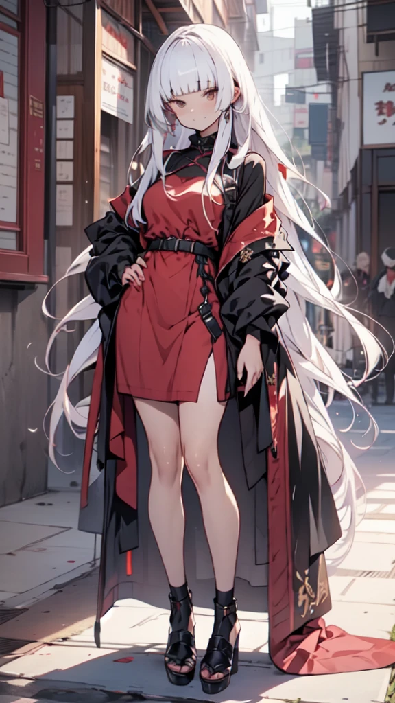 Straight bangs, straight cutted bangs, long smooth hair, 1 girl in a red dress and black heels standing in front of a wreath of red roses, hand in pocket, gray hair, long smooth hair and bangs, straight cutted hair and bangs, red right eye, gray left eye, heterochromia eyes, High quality anime image of a cute girl., anime girl with long hair, perfect white hair anime girl, anime girl gothic maiden, high quality anime art style., animated style, cute anime waifu with a beautiful dress, Red suit, beautiful anime art, de arknights