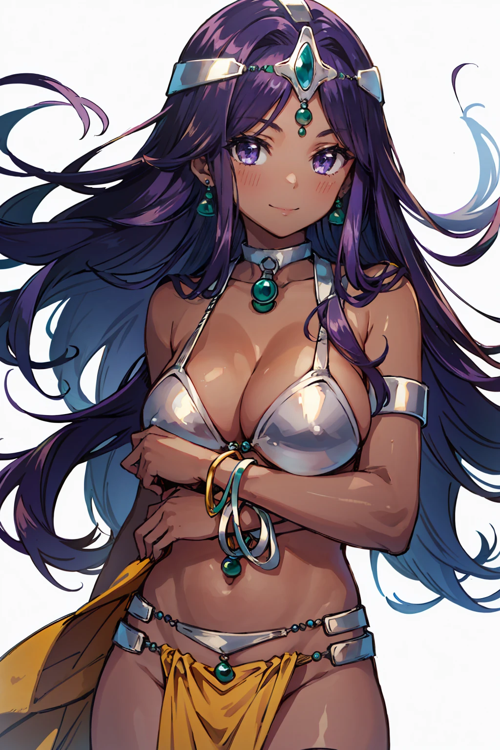 1girl, solo, dqManya, white background, cowboy shot, purple hair, bikini, loincloth, large breasts, cleavage, soft stomach, circlet, earrings, choker, bracelet, armlet, closed mouth, smile, blush