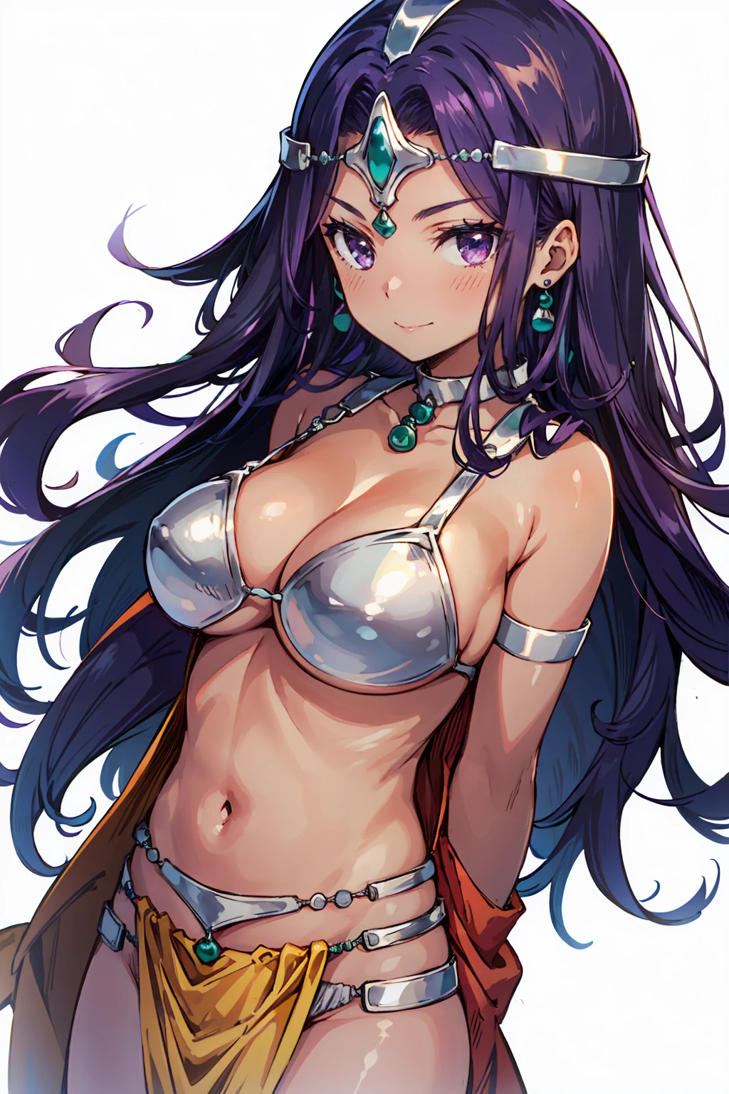 1girl, solo, dqManya, white background, cowboy shot, purple hair, bikini, loincloth, large breasts, cleavage, soft stomach, circlet, earrings, choker, bracelet, armlet, closed mouth, smile, blush