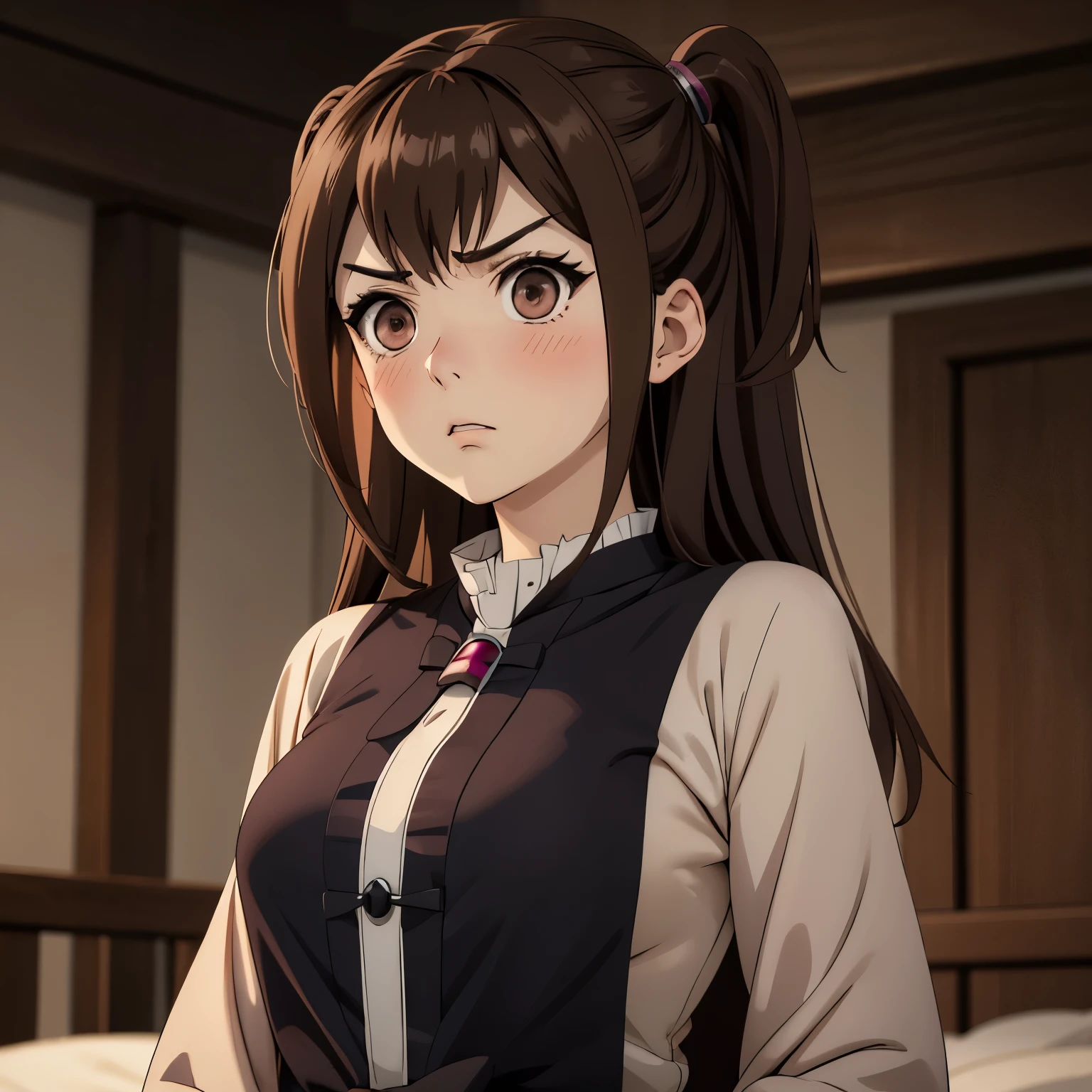 Kizuna Kazayama, 25 year old woman, mature face. long brown hair, blush, Brown eyes,  angry expression, frown, yelling, , naked, pale skin, embarrassed look, Red face, shame. background a luxury room a bed. huge breasts. standing, standing in front of the viewer.