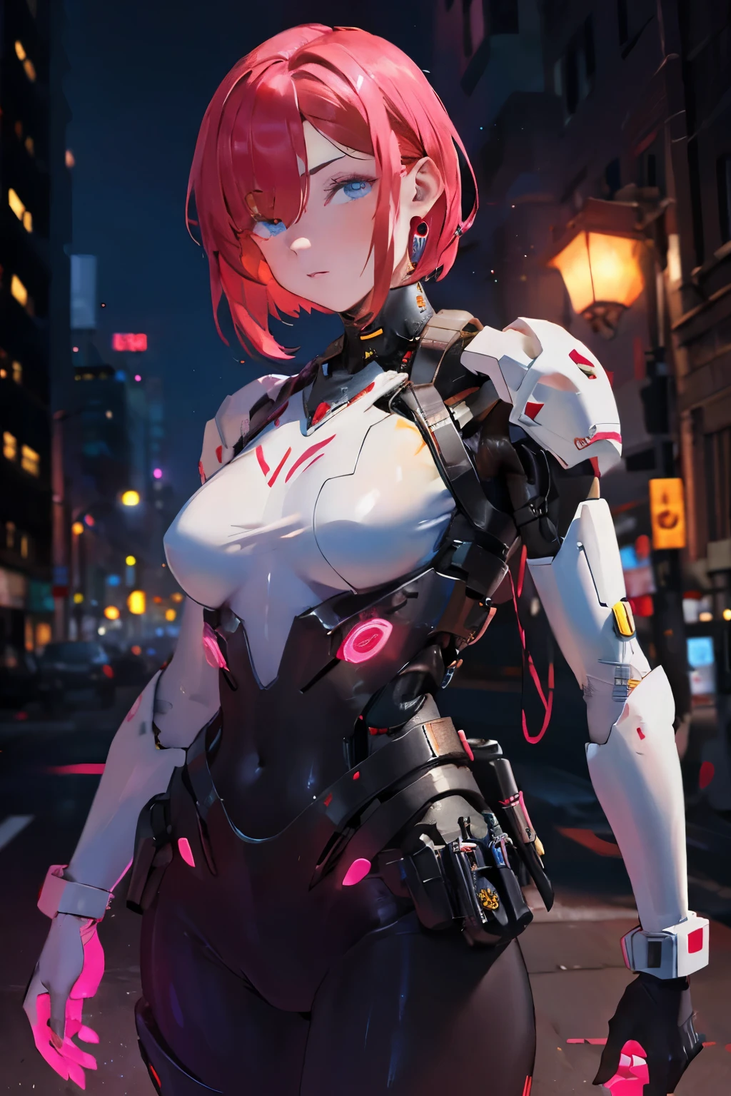 Cyborg android girl, facing the viewer, white exoskeleton gimmick, equipped with human body piping gimmick, multiple pink lights lit up on body, wearing ultra-thin white resin tights, red and white medium flared hair, narrow eyes, sidelong glance, blue eyes, exposed skin, cyberpunk, exoskeleton equipment with yellow lights from chin to ears, heliport on the roof of a building, sliding towards the viewer, blurred background, 8K, high definition, midnight, professional lighting