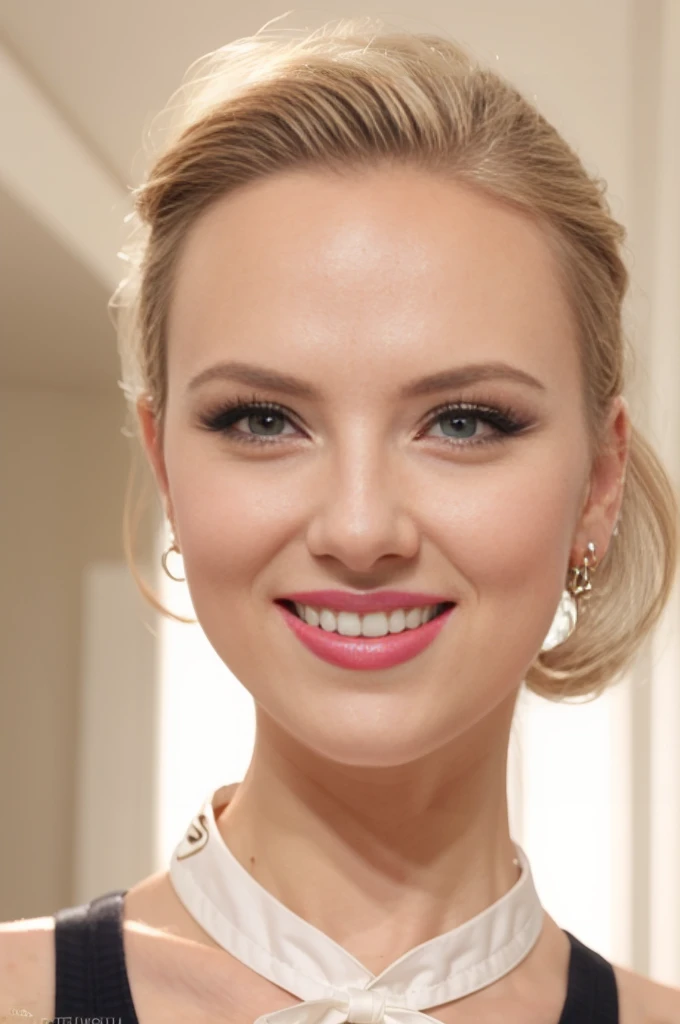 a mature woman with beautiful detailed eyes and lips, extremely detailed face, smiling with half-closed eyes, floating in the air, against a fractal pattern art background, shiny skin, wearing a dark blue dress, miniskirt, white ?????, white socks, platinum-blonde hair tied with a ribbon, big mirror, lipsticks, candies, jam bottles, cute animetic white rabbit, photographed from a dutch angle showing full body from below with legs rising up, fantastic fantasy-like atmosphere, exotic wallpapers, colorful, simple background, correct ??????? including hands, natural lighting, photorealistic 8k raw quality image, textile shading