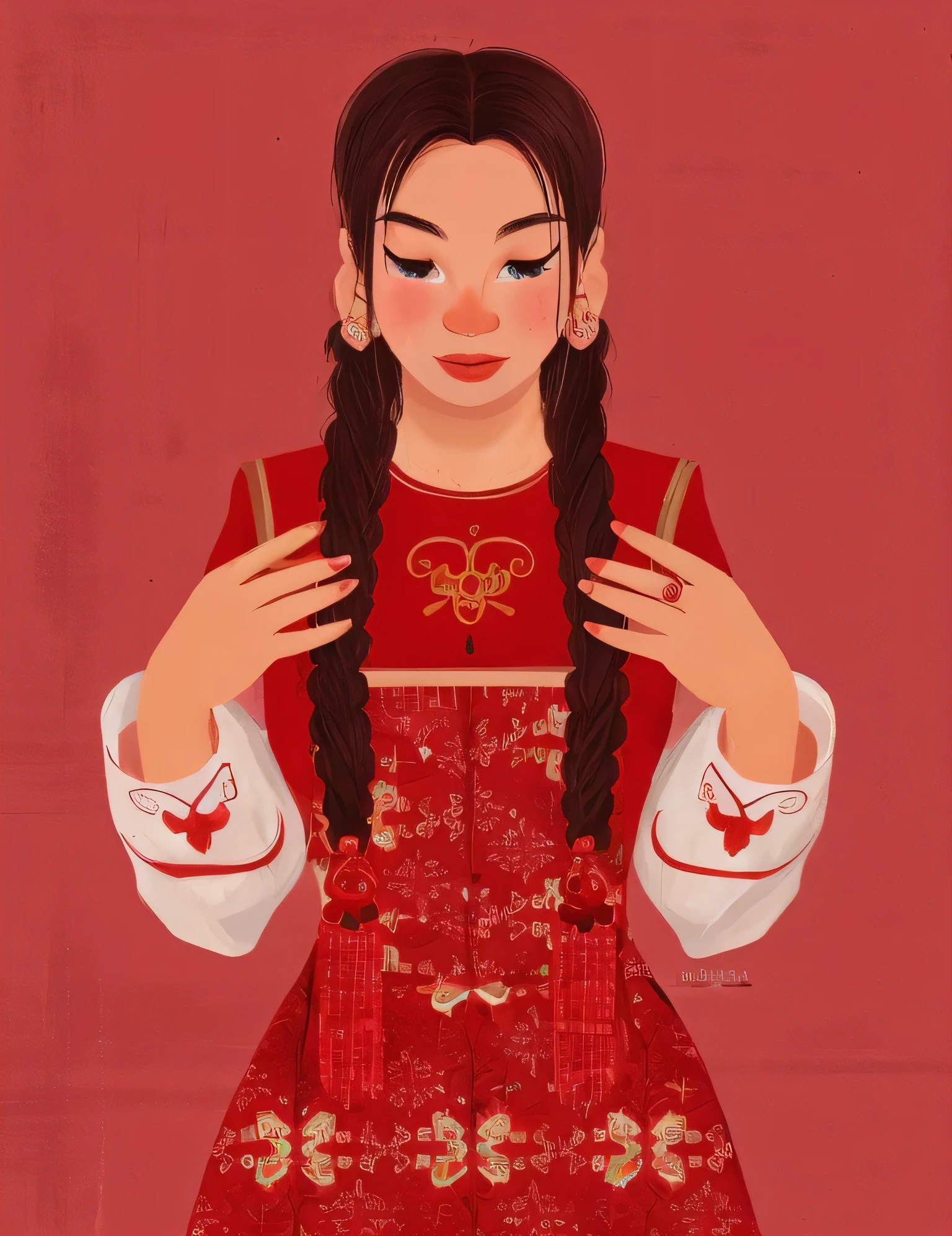 Kazakh girl in red skirt，Wearing earrings，Wearing two braids