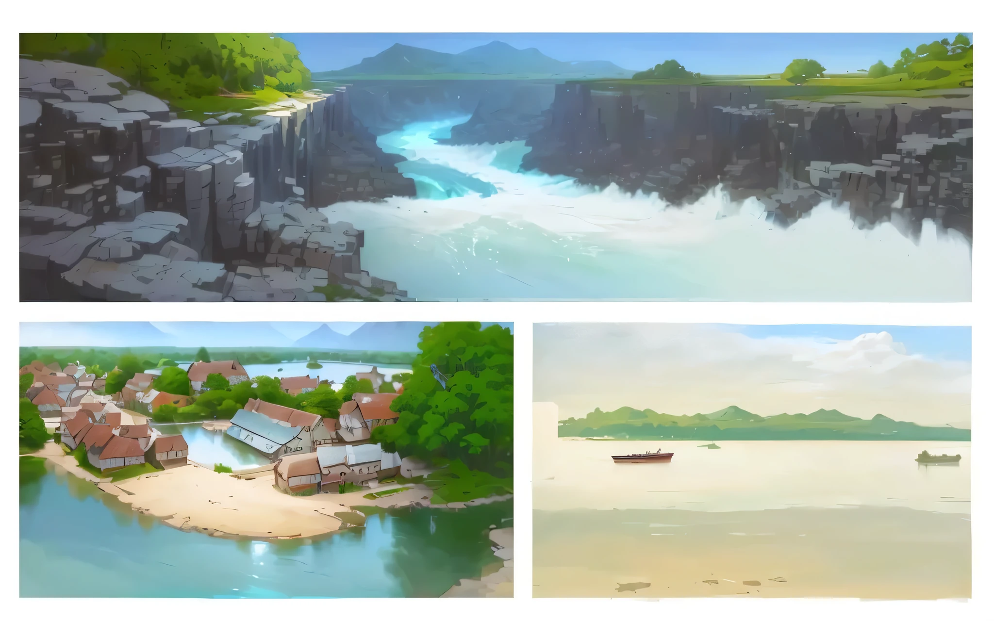 four different pictures of a river with a boat and a house, scenery artwork, scenery art detailed, various backgrounds, scenery game concept art, digital landscape art, background art, anime scenery concept art, digital painting concept art, anime scenery, gouache matte painting, environment design illustration, landscape illustration, environment concept art, environment painting, water painting, anime landscape