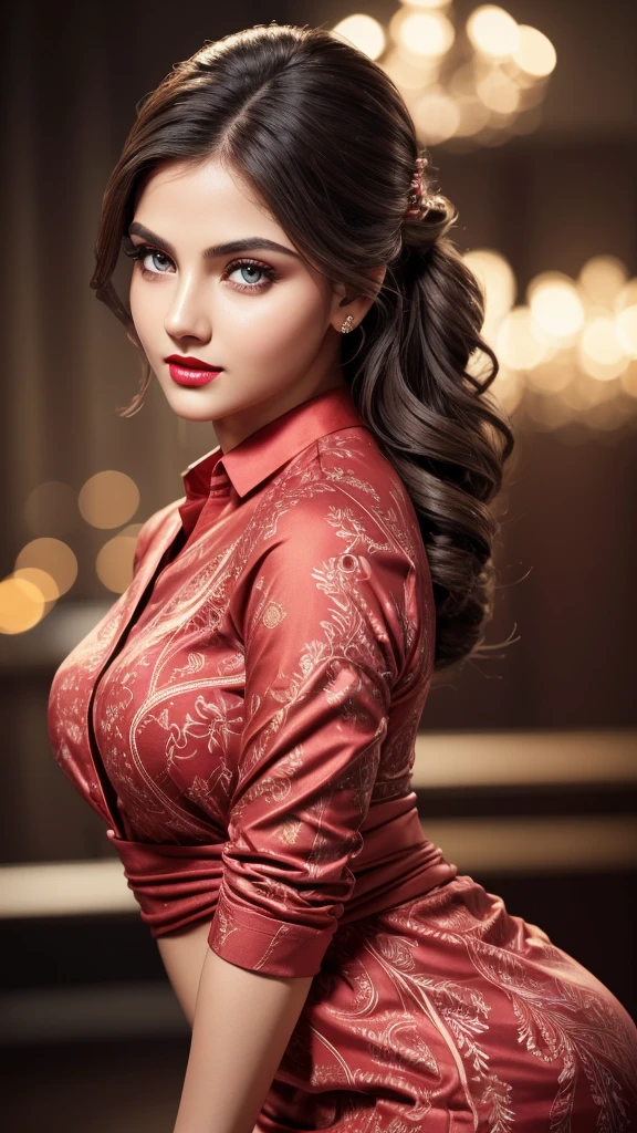 waist high body, big, tall , night bokeh effect background, bodycon, Perfect pink eyes, Great face, Indian, Beautiful appearance, ((Red lips, Bright Eyes, Curve Heir 1.5)), ((Beautiful detailed body)), Amazing gorgeous, amazing beautiful face, Pretty face, Bright Eyes, allured chest, small waist, dynamic crouching pose, from below, red Elegant printed shirt with attention to detail, Updo Elegant Hair, Blurred gray tone background, super concentrated, Illuminate, Facial details, 8k resolution, I drew, Dry brush, Brush strokes,