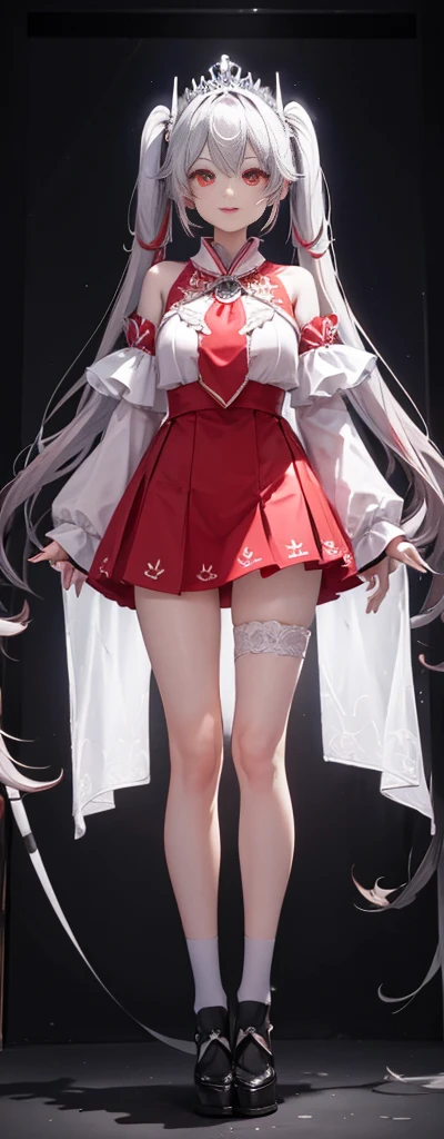 (fully body photo:1.4),white backgrounid,(1 Witch,Flash fluorescence,Hats,See-through tulle miko costume,Delicate tiara,ssmile),(paper art,Quilted paper art,geometry),(Lots of colors,Best quality at best,high detal,tmasterpiece,movie light effect,4K,lightand shade contrast),Colossal tits,Red clothes,pigtails,Blue knee-length socks,luminous totem,Red-eyed,silber hair,pigtails,