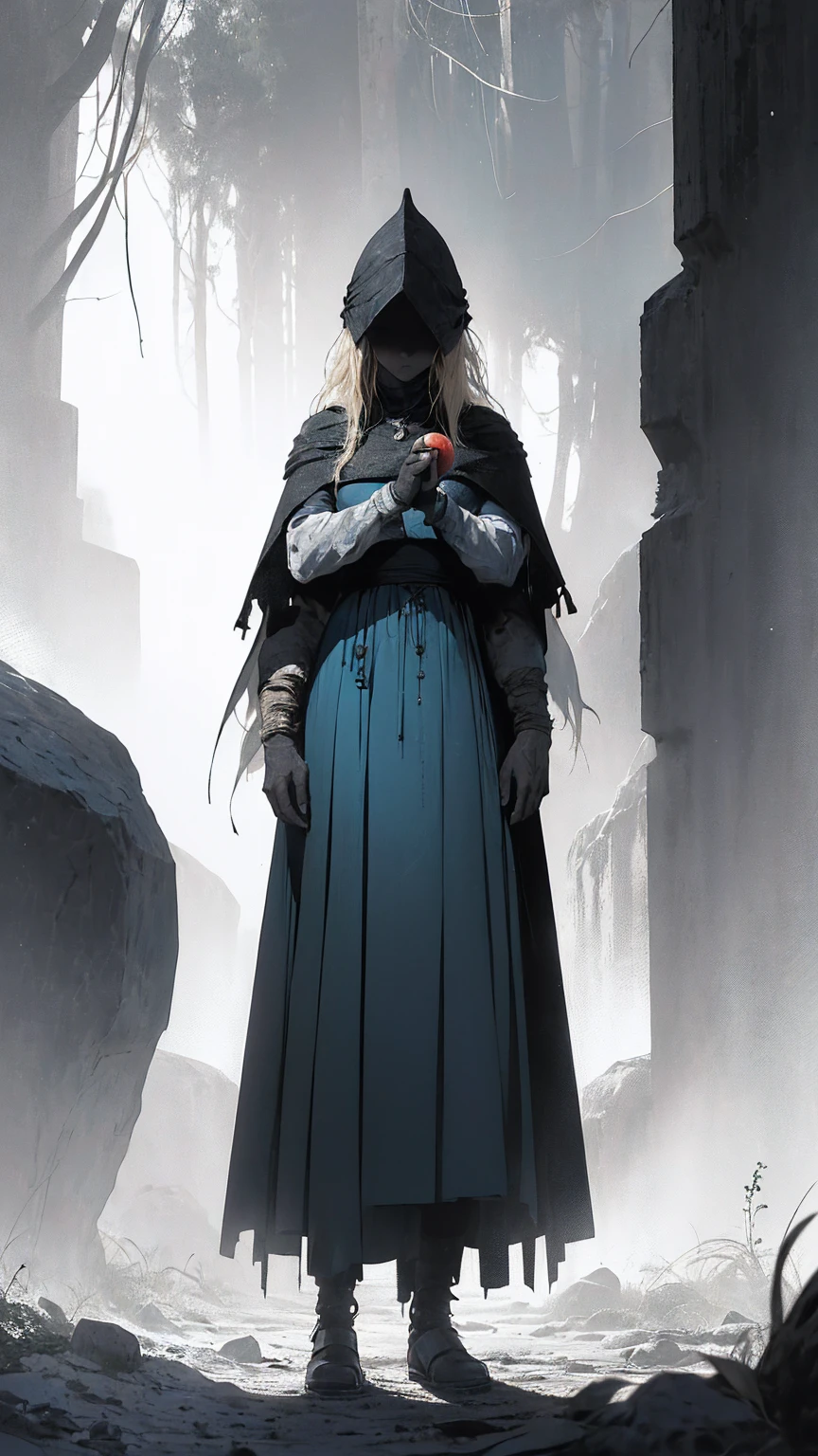 (best qualityer, 4K, ultra detaild, realisitic, bright coloured, bokeh), ( dark atmospher), be abominable, deep darkness, Play of light and shadows, particles. (( A girl, Short blonde hair, light blue dress, holding an apple, forst, Thu, 2d, dark surroundings, leaves drying differently,middle Ages,White background