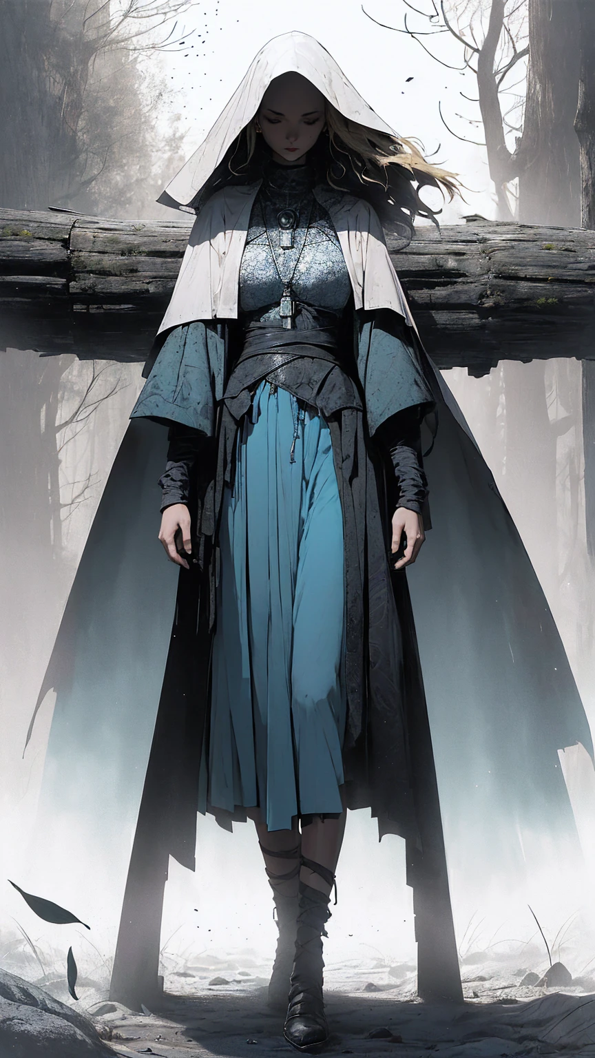 (best qualityer, 4K, ultra detaild, realisitic, bright coloured, bokeh), ( dark atmospher), be abominable, deep darkness, Play of light and shadows, particles. (( A girl, Short blonde hair, light blue dress, holding an apple, forst, Thu, 2d, dark surroundings, leaves drying differently,middle Ages,White background