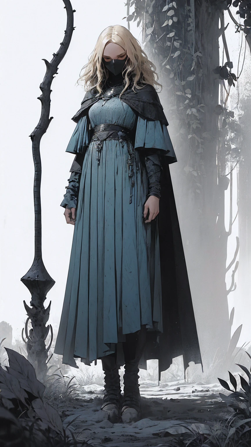 (best qualityer, 4K, ultra detaild, realisitic, bright coloured, bokeh), ( dark atmospher), be abominable, deep darkness, Play of light and shadows, particles. (( A girl, Short blonde hair, light blue dress, holding an apple, forst, Thu, 2d, dark surroundings, leaves drying differently,middle Ages,White background