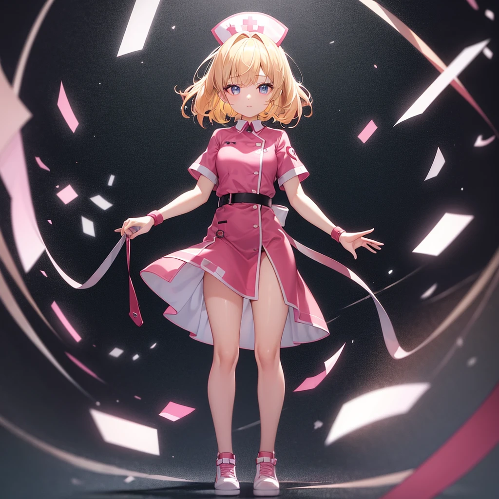 ((nurse)),Pink clothes,Cute ,Tiny ,Small ,Childish face, Very fine clean face,Top quality,Straight Hair,Yellow hair,(Dark Room), Subtle light, Natural light,Soft lighting,Light from directly behind,(Open your hands), (Are standing),Front view,Black background