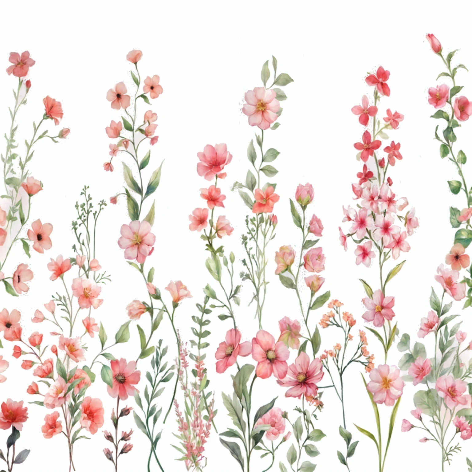 there are many Pink flowers and green leaves on a white background, Pink flowers, Exquisite garden on paper, Blooming flowers, Fondo pintado floral, Flower background, Flowers and blooms, Mottled flowers, Many flowers, Floral Pattern, Flower Update, Flowers and stems, Flower environment, Garden flowers pattern, Flower field background, Flowers in bloom, Watercolor illustration, A beautiful field of flowers