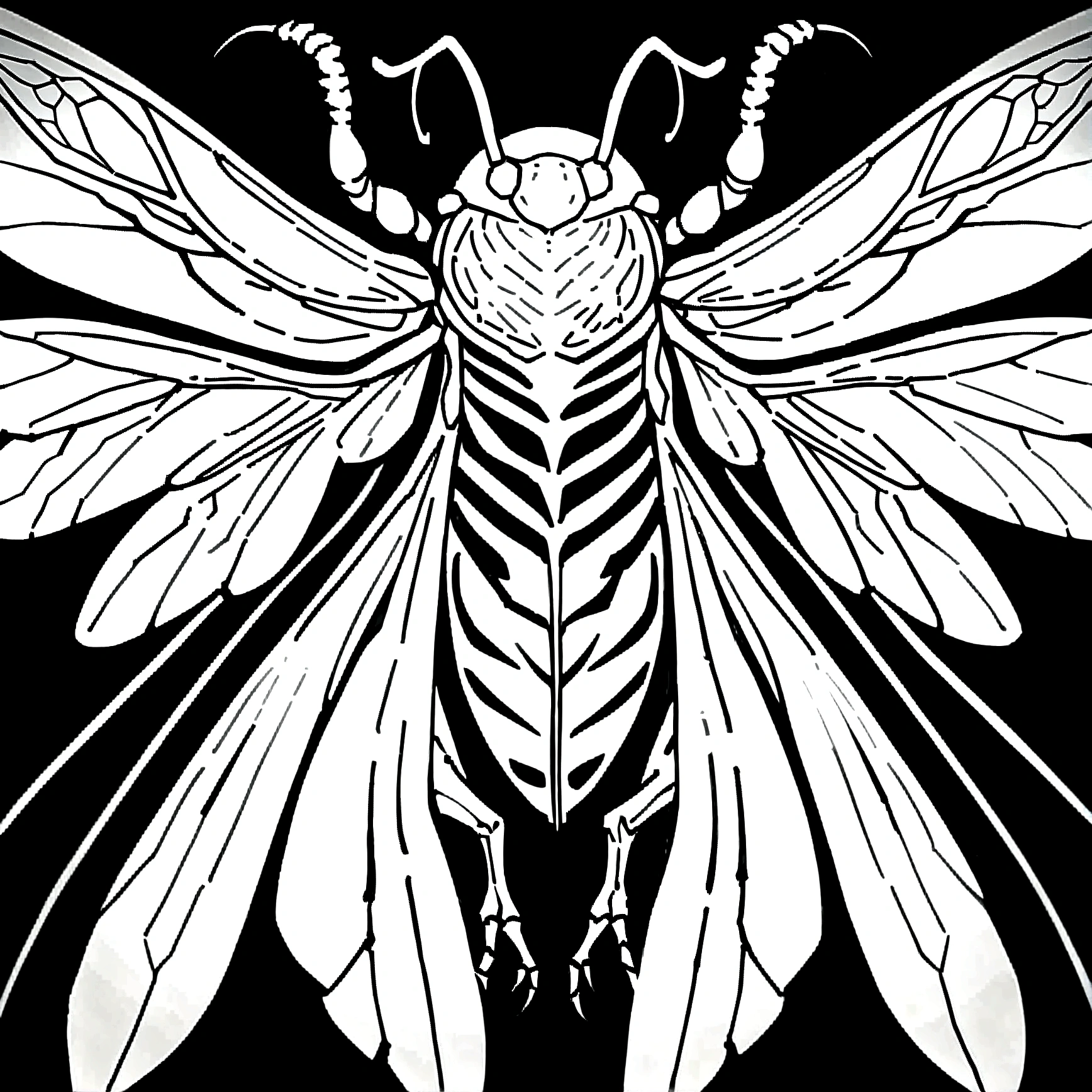 Black and white line drawing of a cicada. The insect is depicted with its wings spread wide, showcasing intricate details of the wing veins and body segments. The cicada's head, thorax, and abdomen are clearly defined, with the head featuring prominent eyes and antennae. The wings are symmetrical and extend outward from the body, with the forewings being larger than the hindwings. The overall style is minimalist and precise, focusing on the anatomical accuracy of the cicada.