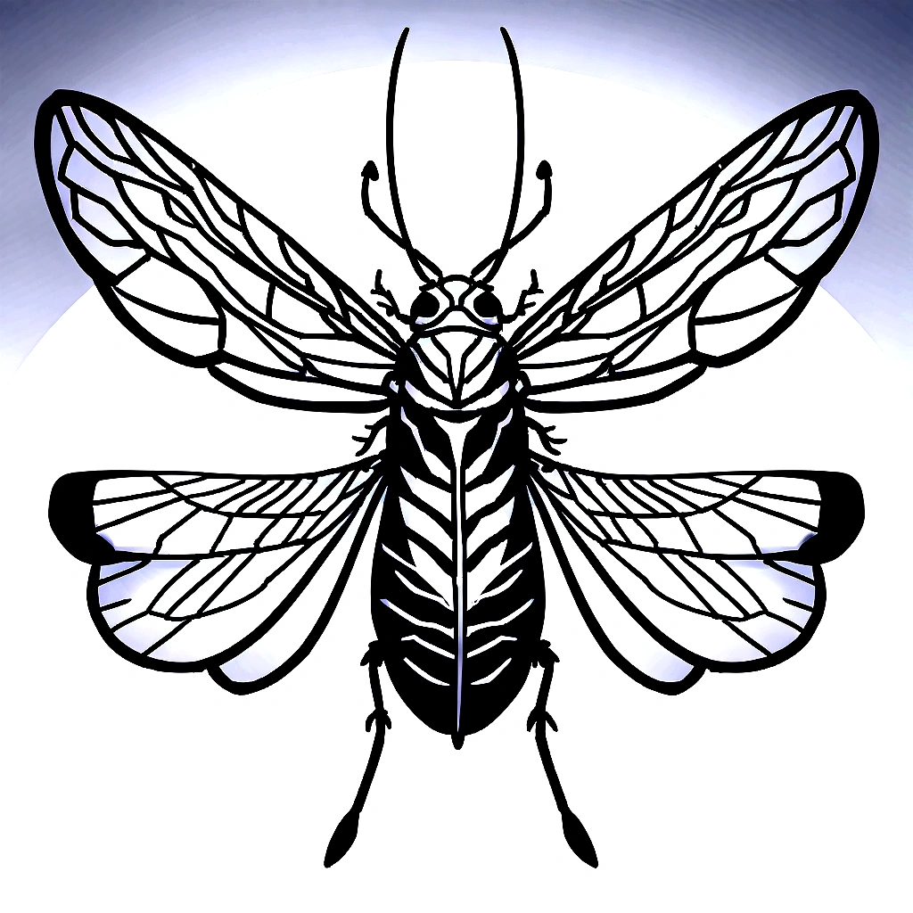 Black and white line drawing of a cicada. The insect is depicted with its wings spread wide, showcasing intricate details of the wing veins and body segments. The cicada's head, thorax, and abdomen are clearly defined, with the head featuring prominent eyes and antennae. The wings are symmetrical and extend outward from the body, with the forewings being larger than the hindwings. The overall style is minimalist and precise, focusing on the anatomical accuracy of the cicada.