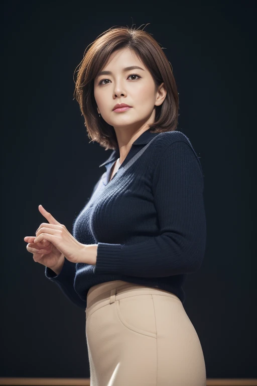 Masseter muscle area, Highest quality, masterpiece, High resolution, Photorealistic, Raw photo, 8k wallpaper, perfection, Professional Lighting, Very detailed, Depth of written boundary,In front of the blackboard in the classroom, ((Japanese mature woman in her 50s)), Chubby body type, Sexy Woman, Detailed face, Beautiful Eyes, Bans, Big ample breasts, Straight light brown hair that reaches the shoulders, Faint lips, ((Stand facing the center of the screen, Staring at the audience, Serious face)),Summer clothes,Big Breasts,mini skirt,Business Wear, The legs are off the frame, View your viewers, Cowboy Shot、Teaching a subject,Holding chalk、Pointing at the blackboard with chalk