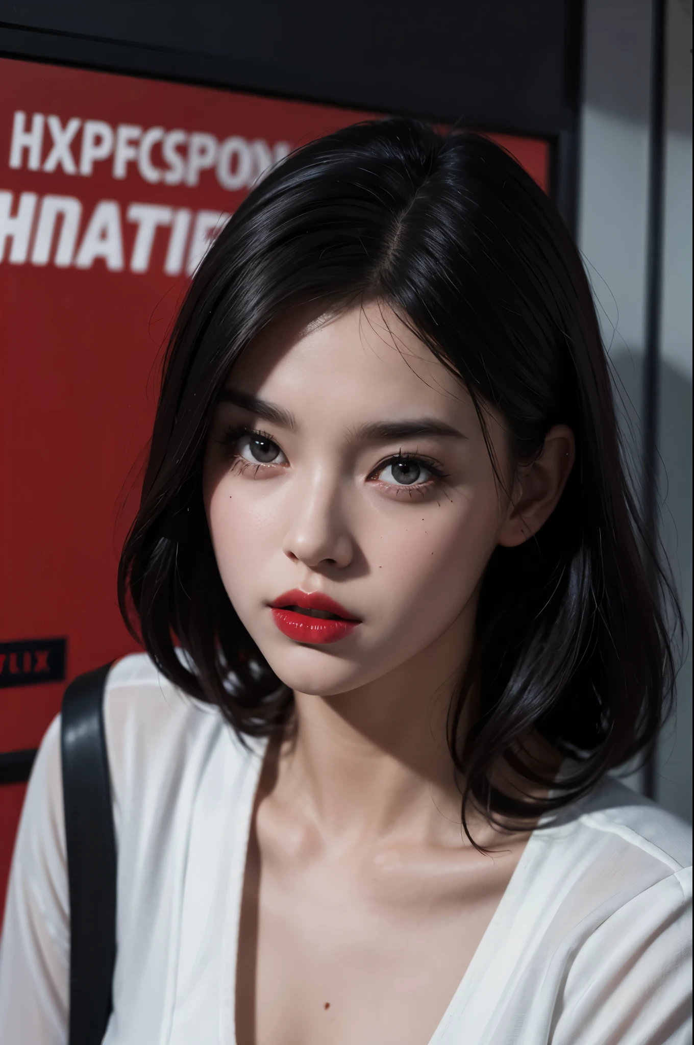 Red lipss. Mini series poster, horror and school movie concept, with the title in front and credits, realistic poster, perfect pose, Netflix style poster, hyper realistic, hyper detailed, HD,4K.(everything perfect and fantastic) with noise