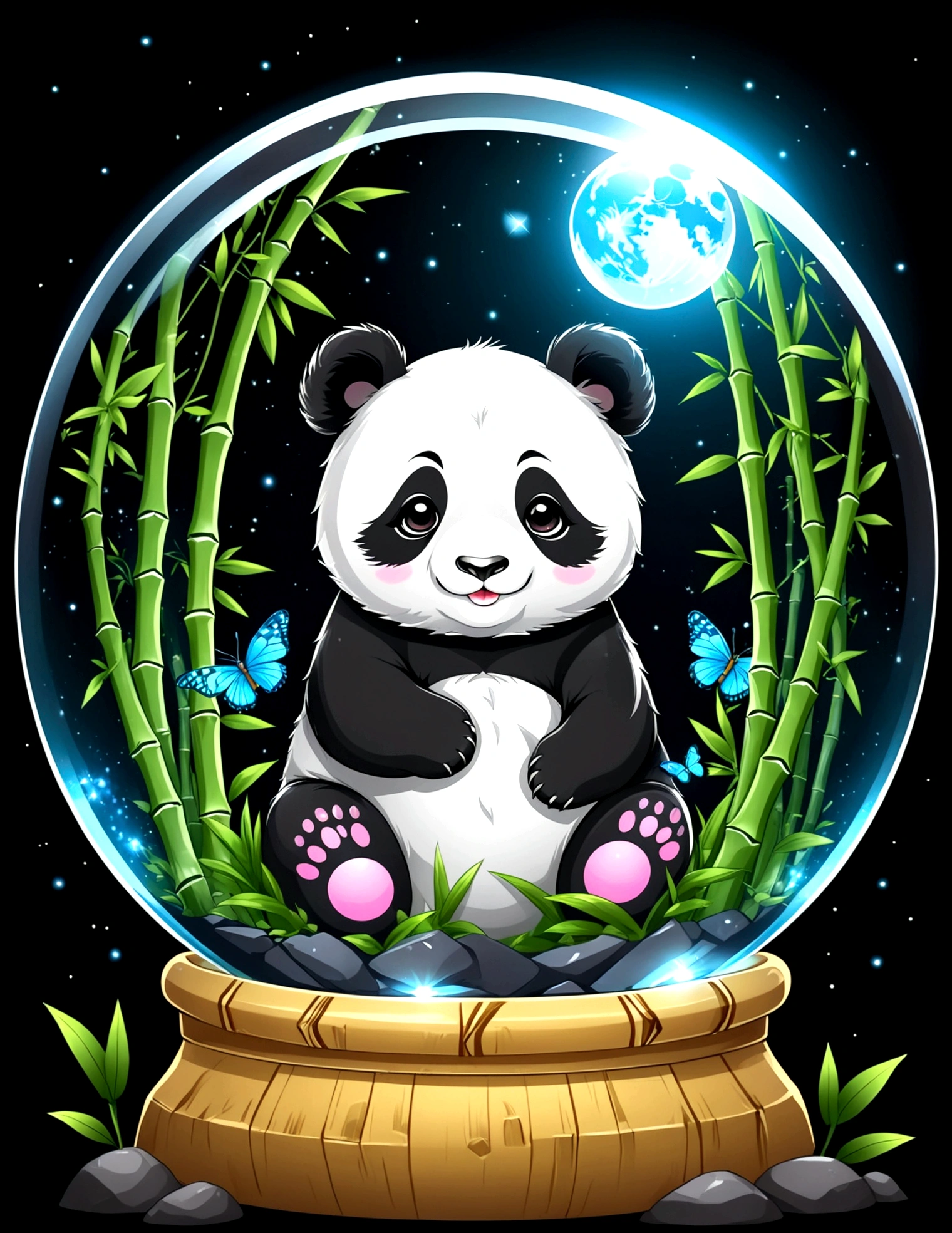 chibi panda happy in crystal ball, bamboo forest inside crystal ball, tshirt design, cute, anime style, kawaii, super detail, black background, midnight, moon light, glowing, butterfly, exquisite flower frame, HD, super detail, vector, digital art