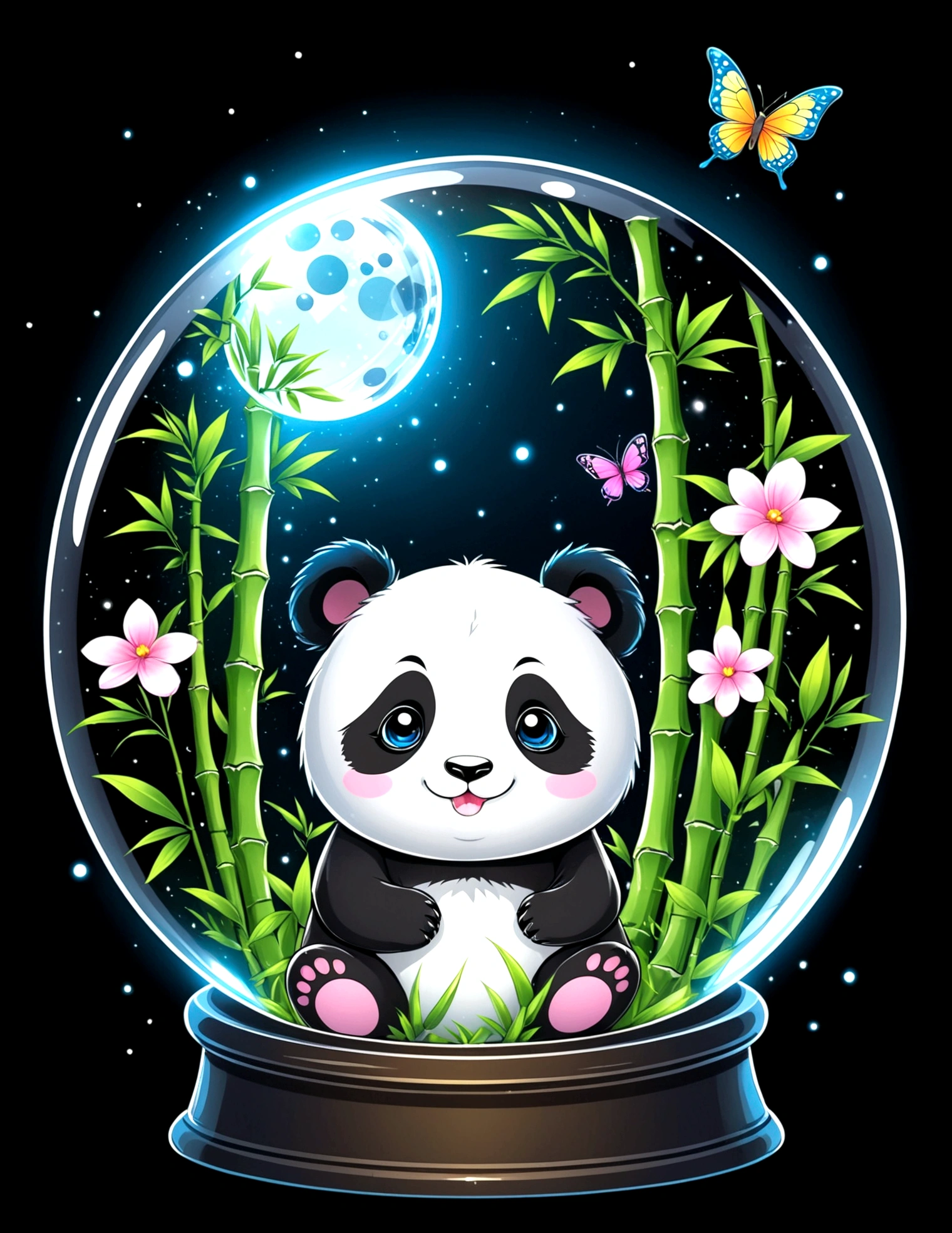 chibi panda happy in crystal ball, bamboo forest inside crystal ball, tshirt design, cute, anime style, kawaii, super detail, black background, midnight, moon light, glowing, butterfly, exquisite flower frame, HD, super detail, vector, digital art