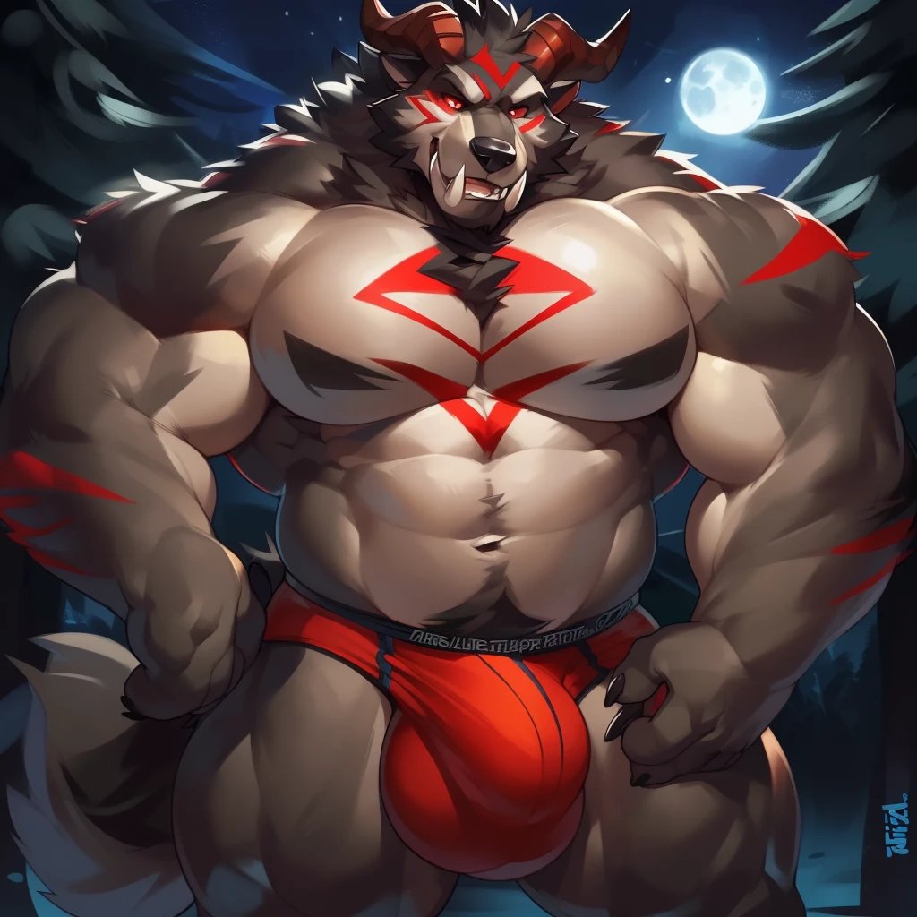 Solo, male (((giant, tall, wolf, werewolf, red eyes, grey body, Muscular, broad shoulders, hyper pecs, huge pecs, huge muscles, abs, muscular arms, muscular thighs, sharp teeth, black chest hair, black nose, tail, fangs, exposed teeth, clawed hands, clawed feet, big tusks, horns, big horns, body marking, red markings, black claws, scruffy cheeks, huge bulge))) forest, night, standing ((male focus, focus wolf, focus teeth)) rubbing stomach, detailed hands, detailed eyes, detailed face, detailed teeth, detailed tusks, detailed arms, detailed abs, detailed bulge, detailed snout, briefs, black briefs, big briefs, accurate tusk placement, perfect anatomy, by darkgem, by mystikfox61, by glitter trap boy