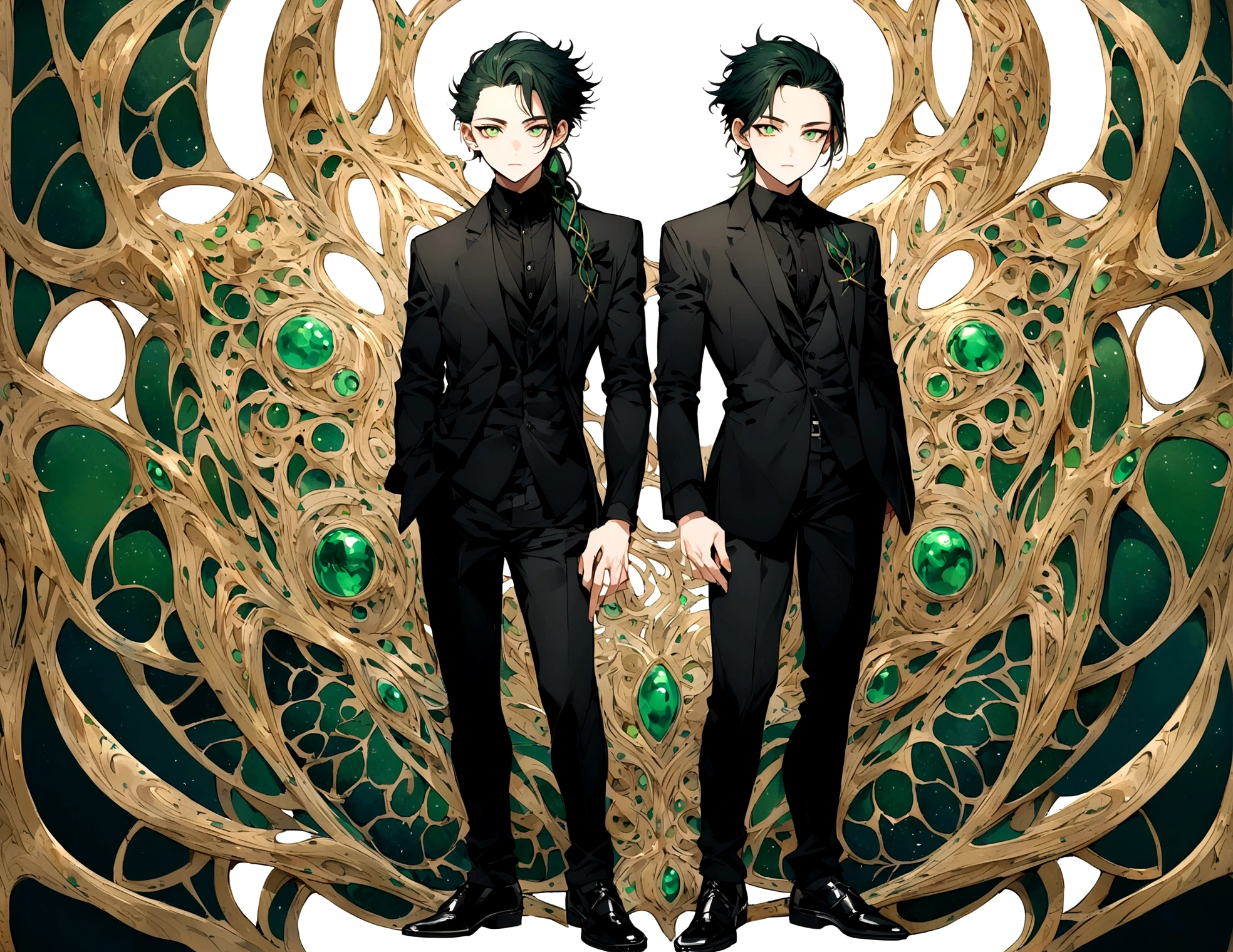 son of loki, green eyes, short black shaved mullet style haircut. wearing formal black shirt with green details, black pants, black shoes, full body image