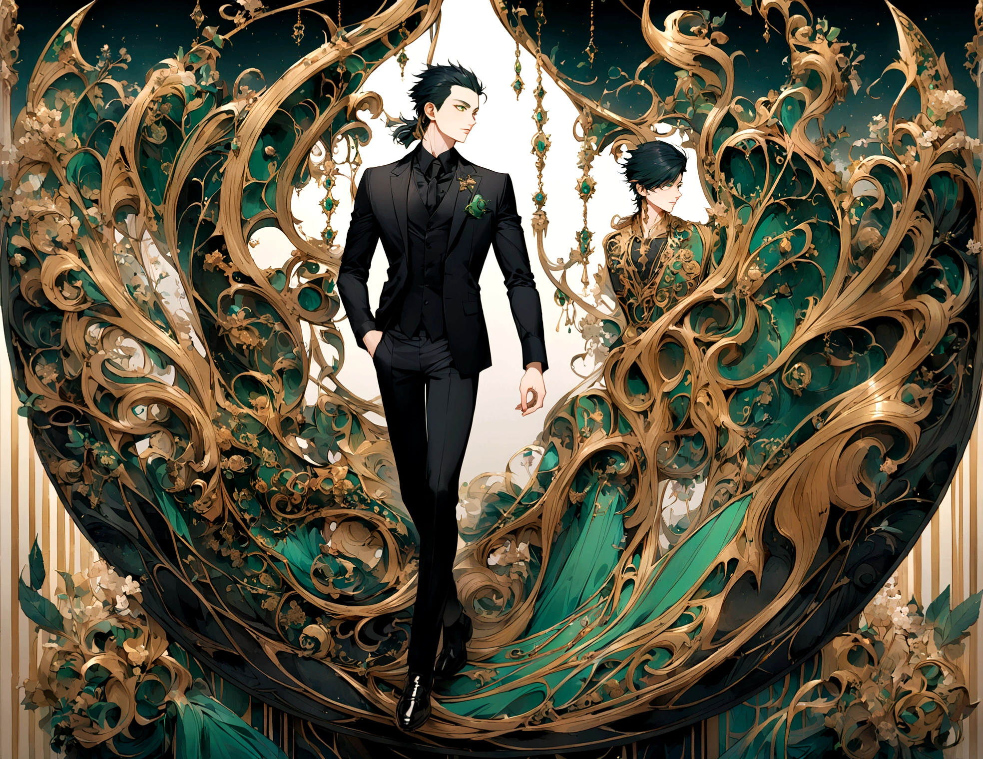 son of loki, green eyes, short black shaved mullet style haircut. wearing formal black shirt with green details, black pants, black shoes, full body image