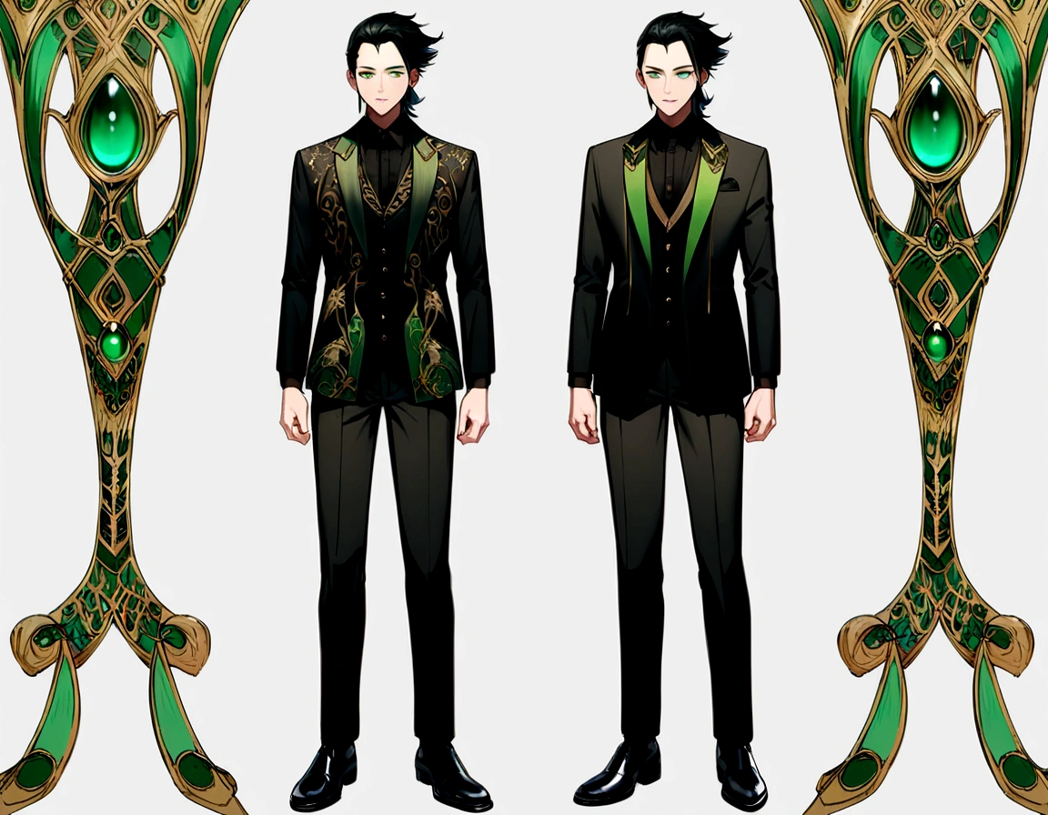 son of loki, green eyes, short black shaved mullet style haircut. wearing formal black shirt with green details, black pants, black shoes, full body image