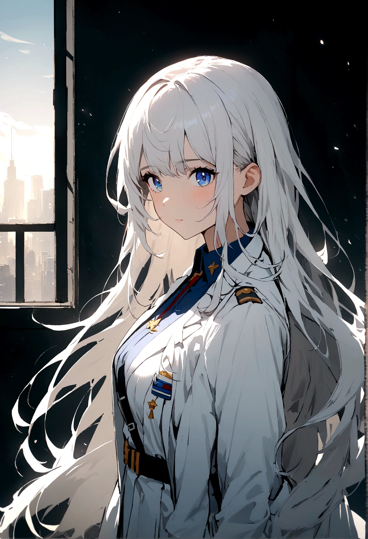 1girl, military uniform, white lab coat, lab coat, white glove, long hair, blue Eyes,