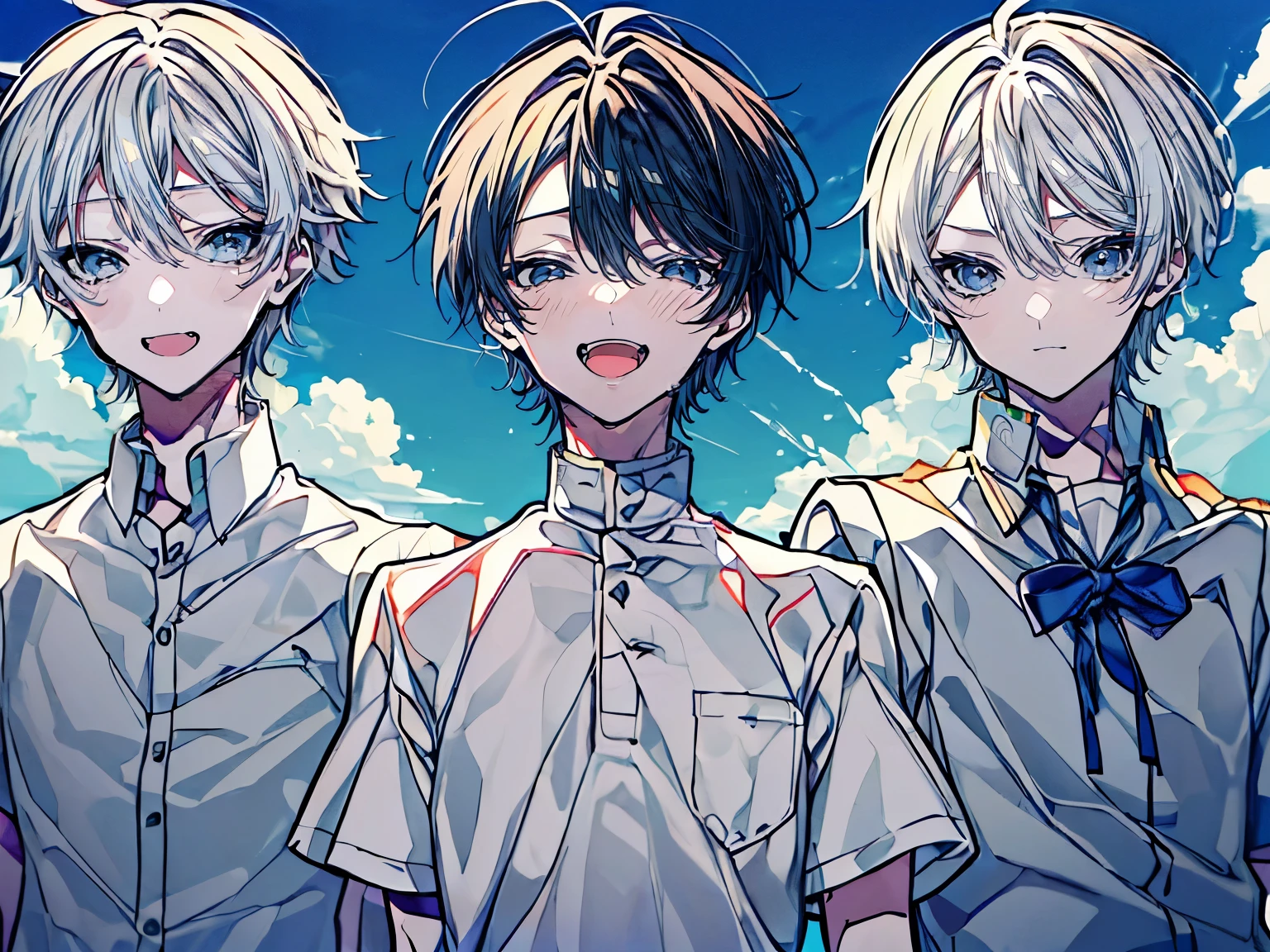 (Mastepiece), (Best Quality), Very detailed, (Two friendly boys:1.5),High school boys、Shooting from below、Solo Shooting,Perfect Face, Beautiful Face, Very detailed顔,(黒髪のHigh school boys1人:1.3),(白髪のHigh school boys1人:1.3)、(short hair:1.3)、(Happy Face:1.4),(Laughing with your mouth open:1.3),(Short-sleeved white shirt:1.4)、(Windになびく髪:1.uth:1.3)、The atmosphere that seems to disappear,(blue sky_cumulonimbus)、summer、ephemeral、Sweat、Wind、sunlight
