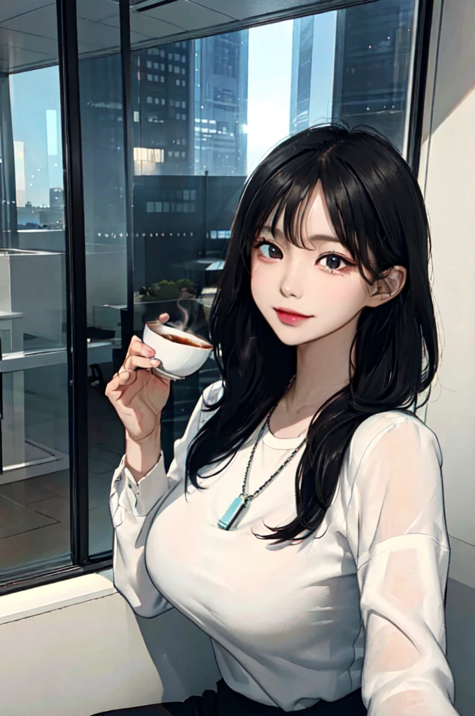 1lady sitting, holding a coffee cup, office worker outfit, /(id card lanyard/), mature female, /(black hair/) bangs, (masterpiece best quality:1.2) delicate illustration ultra-detailed, large breasts BREAK /(modern office indoors/), window skyscraper