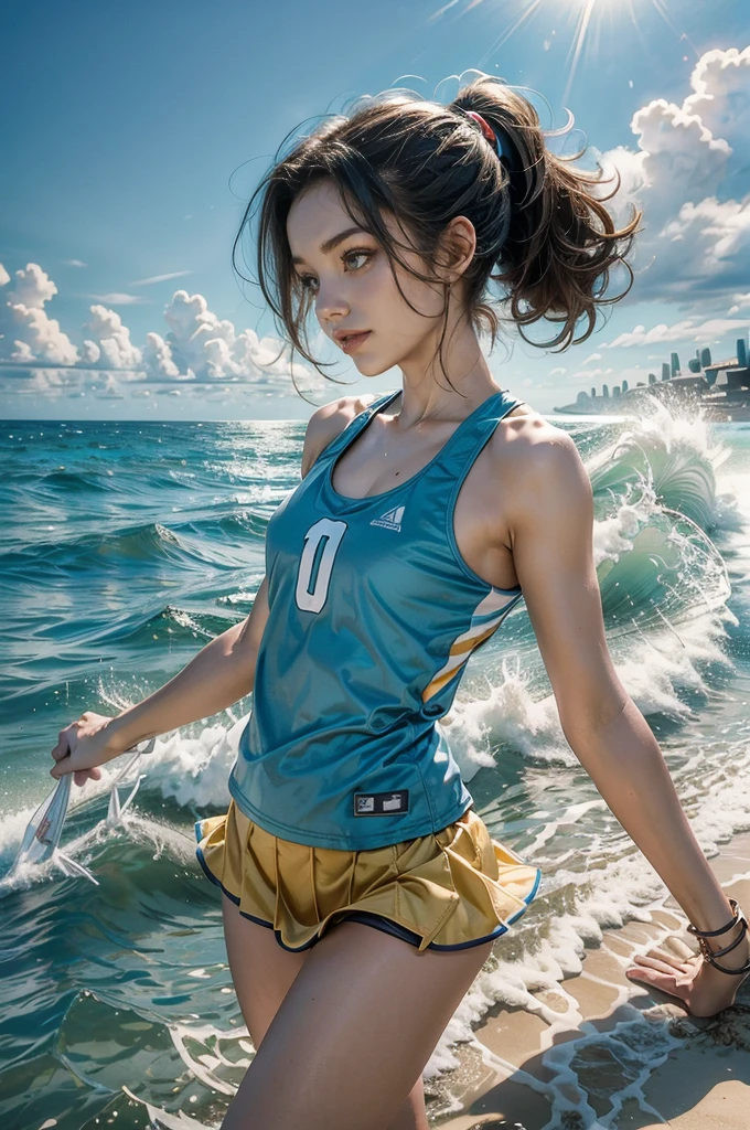 (((best quality))), (((ultra detailed))), (((masterpiece))), illustration, ((a beautiful girl,volleyball player,solo)),((slim,thin)),((small breasts,flat chest)),(short ponytail:1.2),beach, sea, sand,(volleyball:1.3), girl's attire, sun, waves, shore, foam, summer, afternoon, gold sand, vibrant attire, athletic build, sleeveless, short skirt, sports tank top, toned legs, nimble fingers, precise movements, agile arms, teammates, synchronized gameplay, exciting spectacle, onlookers, sand, clear sky, azure, powder blue, white waves, crashing waves, laughter, beachgoers, symphony, essence, summer, seaside, determination, skill, quick reflexes, strategic thinking, victory, infectious energy, unwavering spirit, , joy, youthful exuberance, timeless reminder, magic of summer,((from front,upperbody))
