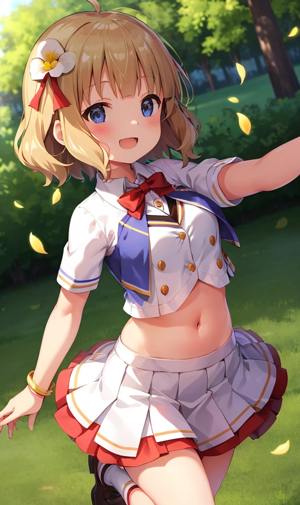 momoko suou (million live), (Best Quality, 8K, masutepiece, Ultra-detail:1.2), Dynamic Pose, Cinematic Angle, Cowboy Shot, light Particle, spark of light, Beautiful detailed eyes, Shiny skin, Shiny hair, sun beam, Wide Shot, depth of fields, Backlighting,
day, Beautiful clouds, Gradient sky, Dappled sunlight, contrail, Outdoors, reflective floor, Park, Flowery meadow, wind,
1girl in, 独奏, Miniskirt, layered skirts, Smile, Cute, Happy, Big eyes, Pleated skirt, Short sleeves, Navel, cheer girl, pompoms \(cheer leading\), clavicle, white hair flower, bow ribbon, Bow, Standing on one leg, earrings, armlet, Bracelet, Arm Ribbon, neck tie, thighs thighs thighs thighs, outstretched arm, flower petals,