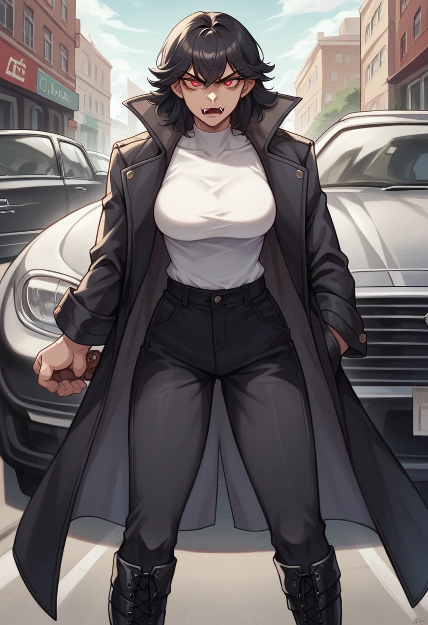 artwork, high quality, high attention to detail, High Definition, well-shaped face and body, a woman, beautiful, normal whitish skin, red pupils, long black hair, glare, serious face, fangs, whole body, natural breasts, wears a black trench coat, White shirt, Black pants, black high boots, holding two golden daggers, a street with cars and people in the background
