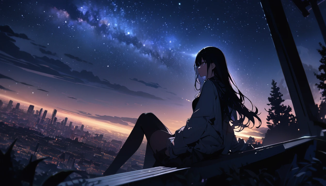 masterpiece, octane, sky, stars (sky), scenery, starry sky, night, one girl, night sky, alone, outdoors, buildings, clouds, milky way, sitting, trees, long hair, city, silhouette, city scape,masterpiece,32k