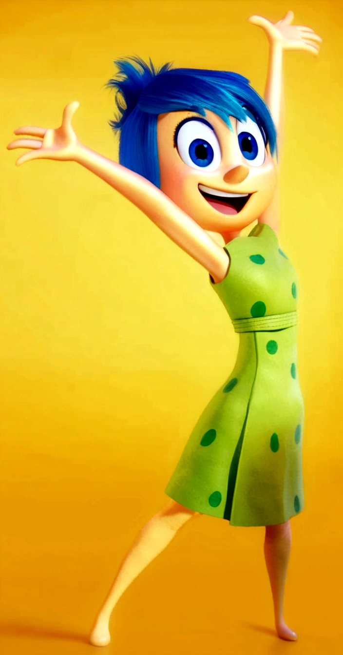 a cartoon character with blue hair and blue eyes wearing a green dress, pixar character, depicted as a pixar character, pose(arms up + happy), as a pixar character, ideal pixar character, dancing character, cute pixar character, pixar character design, From the inside out and from the outside in, character posing, still film, undulation, movie character, Cute Pixar Character Design, render pixar style to 3D press