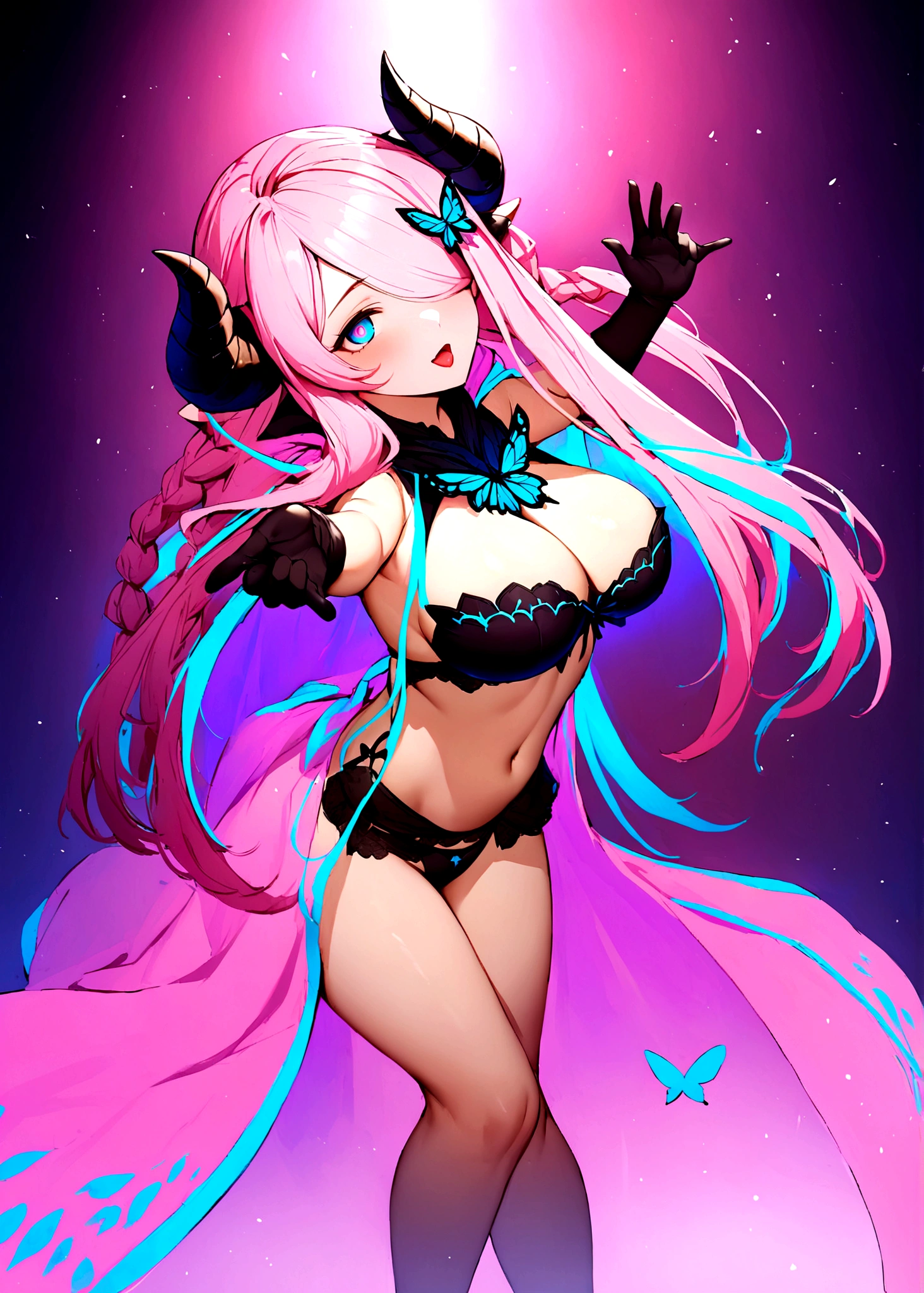 Narmaya in a standing pose gestures towards the viewer. She is wearing a black bikini and hooded cloak with turquoise accents. Around her neck is a gorgeous gold and turquoise colored ornament. She has elbow length black gloves. The background is a nebulous blur of pink and purple hues. Narmaya and her attire are meticulously detailed. The intense effort put into shading brings this image to a realistic style. Gorgeous vibrant colors draw the eye. Narmaya's suggestive stance brings the viewers focus to her large and perfectly shaped breasts. The image is both magical and erotic. (masterpiece), best quality, expressive eyes, perfect face, black bikini, hooded cloak, suggestive pose, purple and pink background, seductive, fantasy, 8k, absurdres, narmaya, pink hair, blue eye with pink pupil, hair over eye, draph, horns, butterfly hair clip,