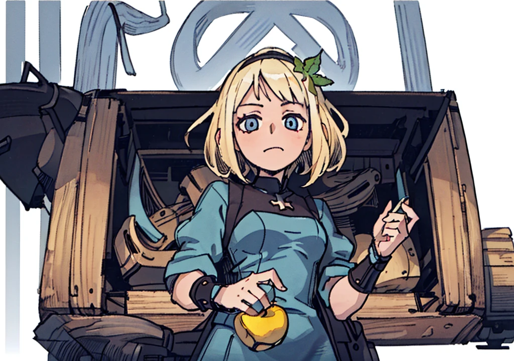 (( A girl, Short blonde hair, light blue dress, holding an apple, forst, Thu, 2d, dark surroundings, leaves drying differently,middle Ages,White background
