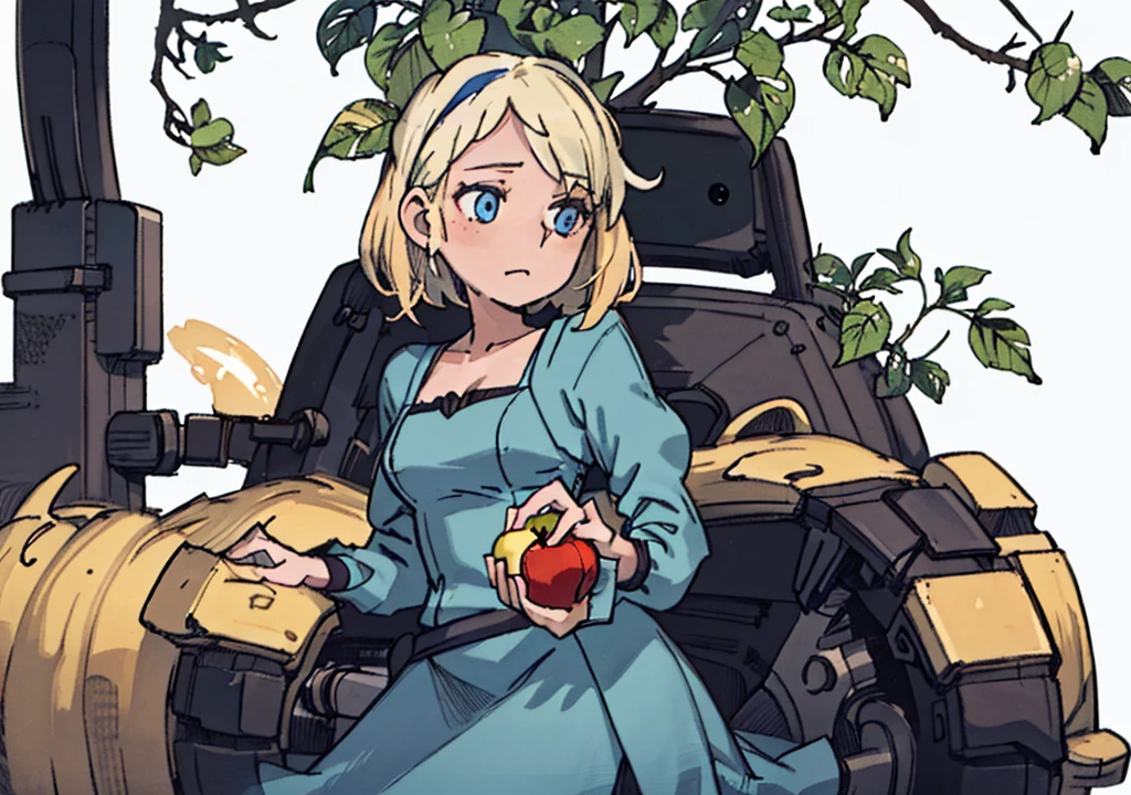 (( A girl, Short blonde hair, light blue dress, holding an apple, forst, Thu, 2d, dark surroundings, leaves drying differently，middle Ages，White background